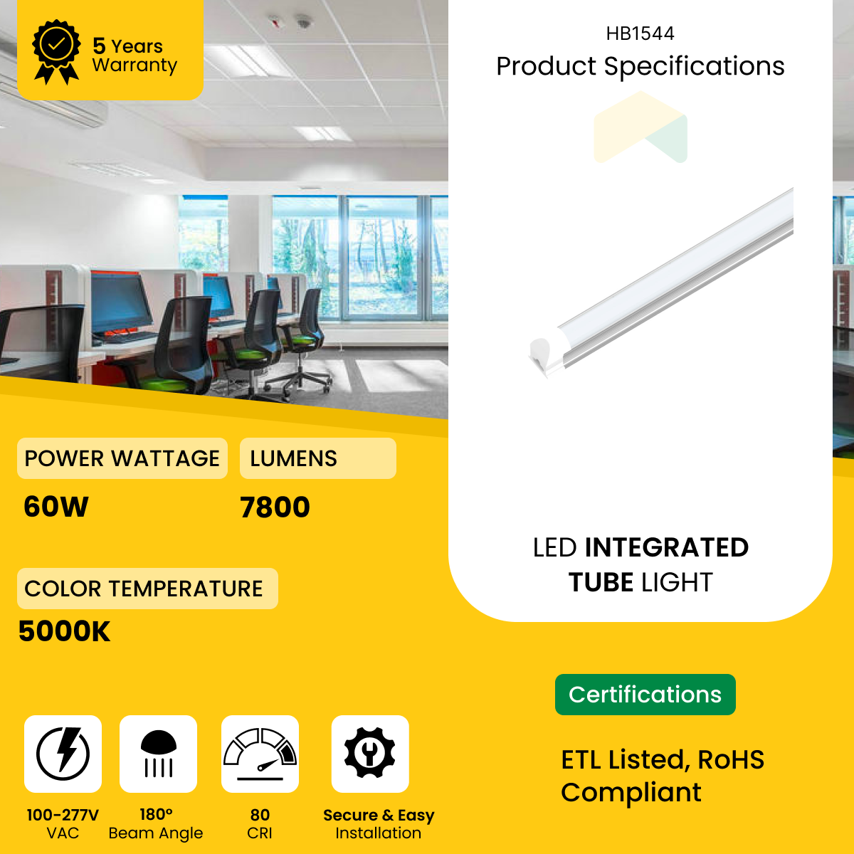 8ft LED Integrated Tube - 60W - AC120V - 5000K - 7800 Lumens, Traic Dimmable - Frosted Linkable Tube - AC 120-277V - 0-10V Dimmable - IP66 - UL Listed - DLC Premium Listed - 5 Years Warranty- 25-Pack