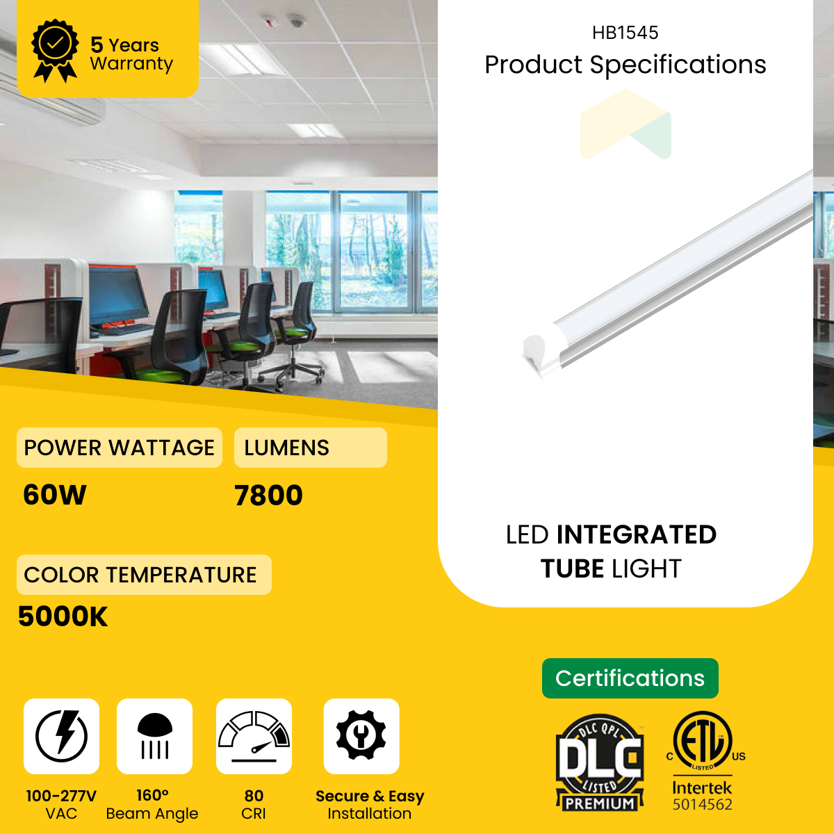 8ft LED Integrated Tube - 60W - 5000K - 7800 Lumens - Non Dimming - Frosted Linkable Tube - AC100-277V, IP66 - ETL Listed - DLC Listed - 5 Years Warranty - 25Pack