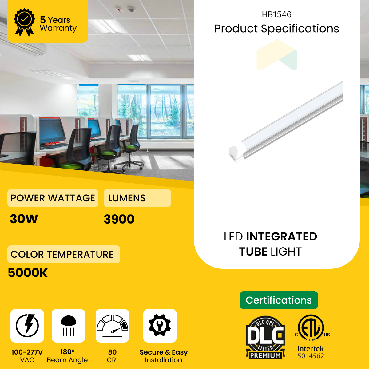 4ft LED Integrated Tube - 30W - 5000K, 3900 Lumens - Triac Dimmable - Frosted Linkable Tube AC120V - 0-10V Dimmable - IP66 - ETL Listed - DLC Listed - 5 Years Warranty - 25-Pack