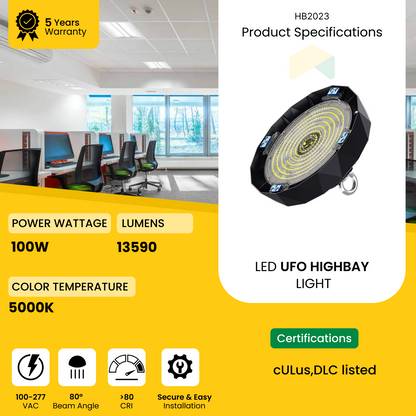 UFO LED High Bay Light - 100W - 5000K, Dimmable 120-277V, 13590Lumens, DLC V5.1, UL, cUL &amp; Lighting Facts Listed - Ideal for Areas with High Ceilings and LED Warehouse Lighting