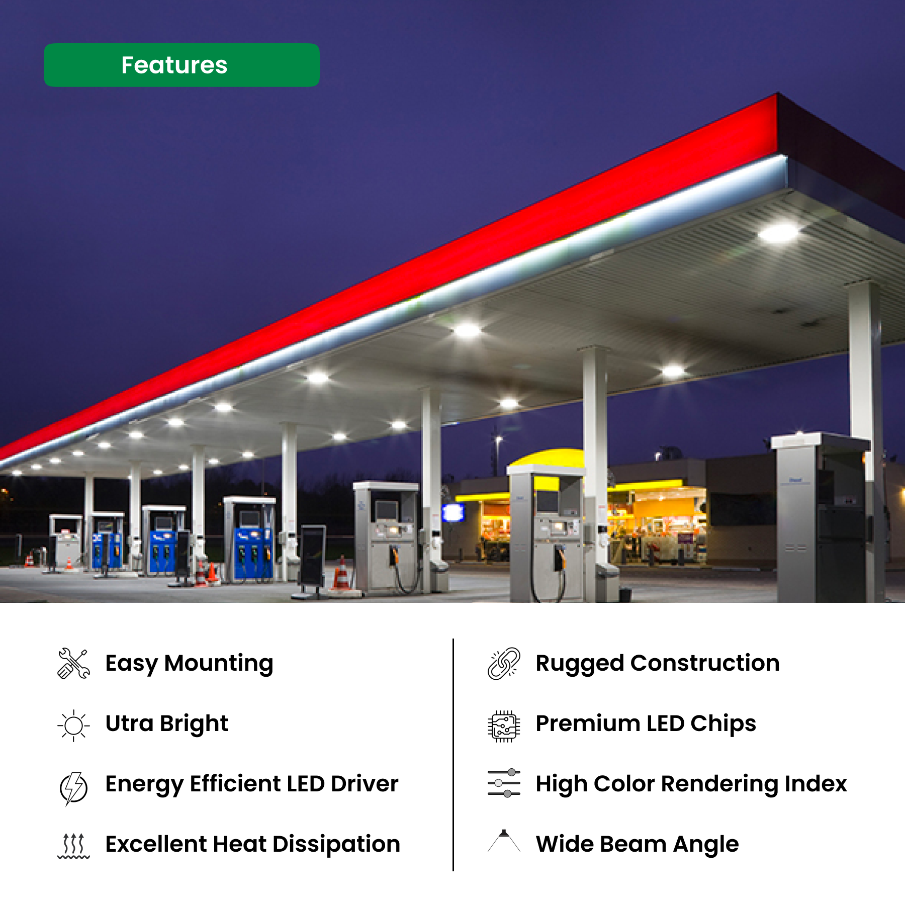 LED Gas Station Canopy Light 120W - 5000K, 16086 Lumens AC120-227V, 0-10V Dimmable - IP66 - UL Listed - DLC Premium Listed - 5 Years Warranty