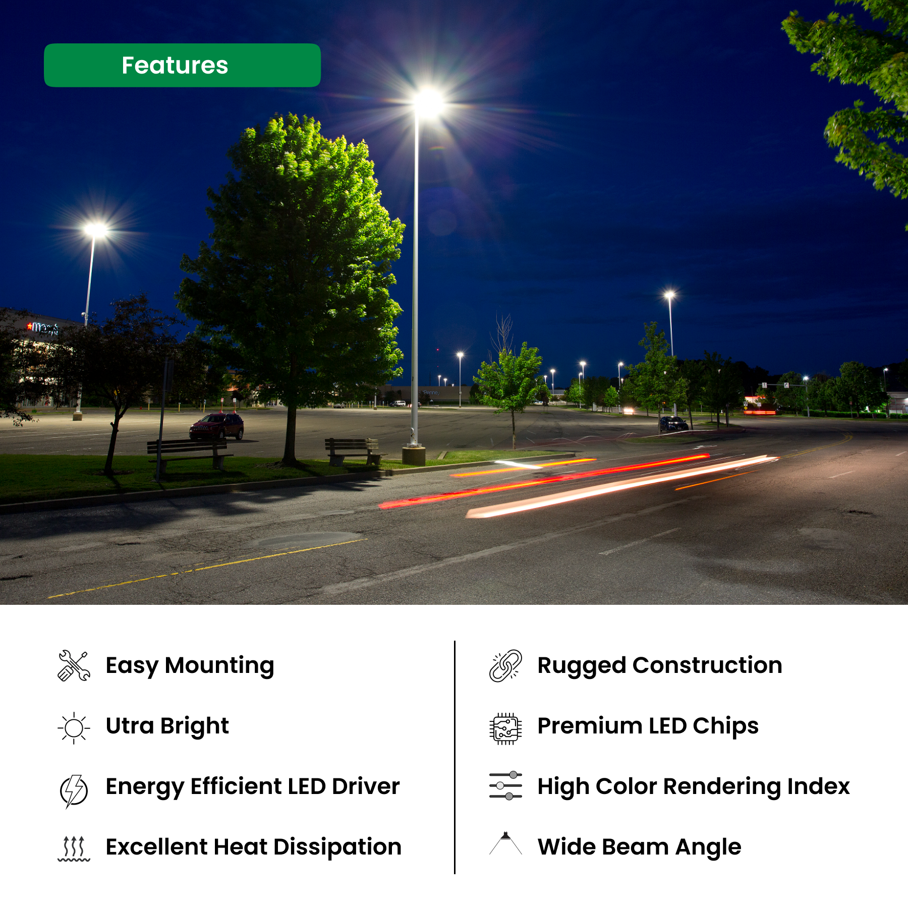 LED Shoebox Light - Direct Mount - 100W/150W Wattage Adjustable - 5000K -19500Lumens 120-277VAC - 0-10V Dimmable - IP66 - UL Listed - DLC Premium Listed - 5 Years Warranty