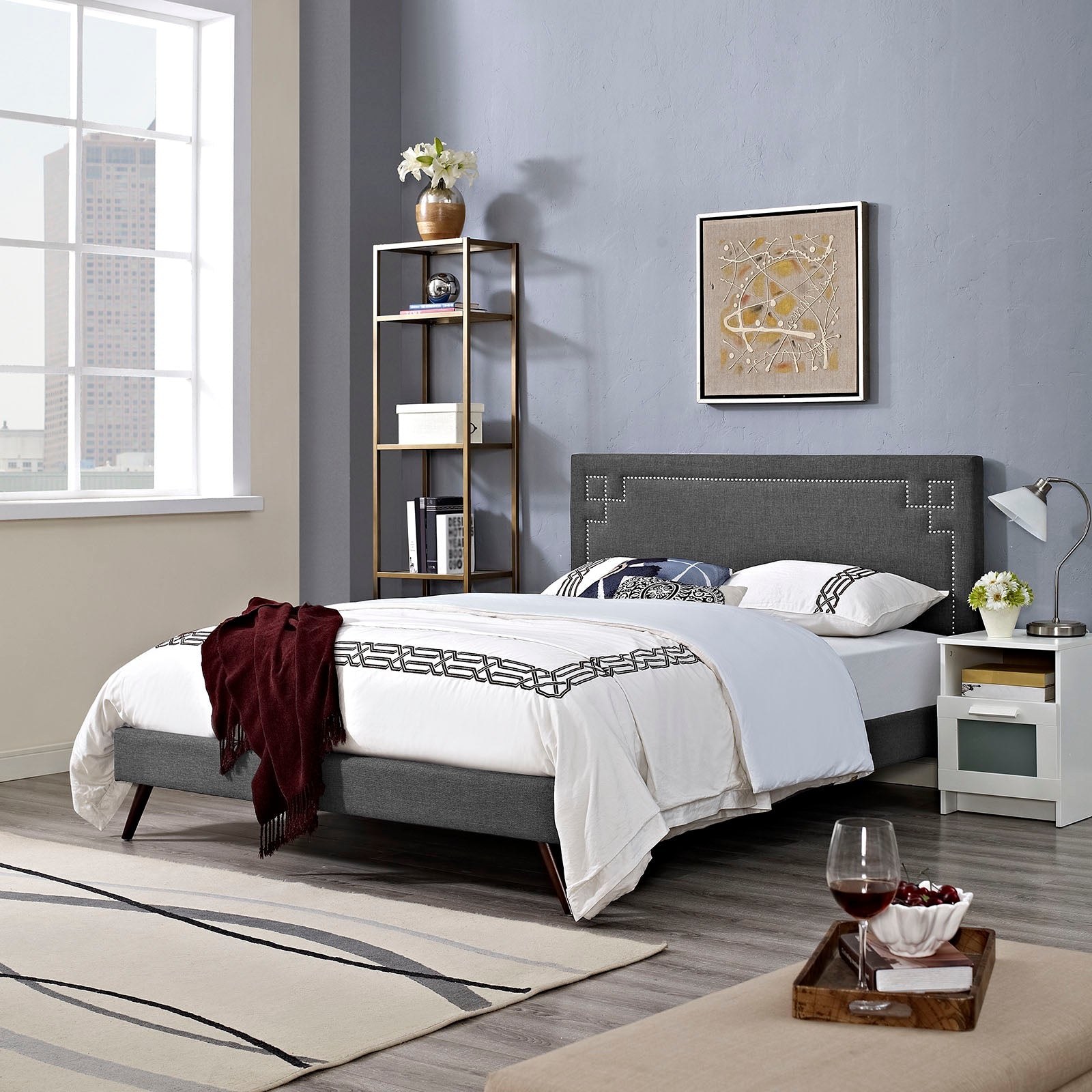Josie Fabric Queen Platform Bed with Round Splayed Legs by Modway