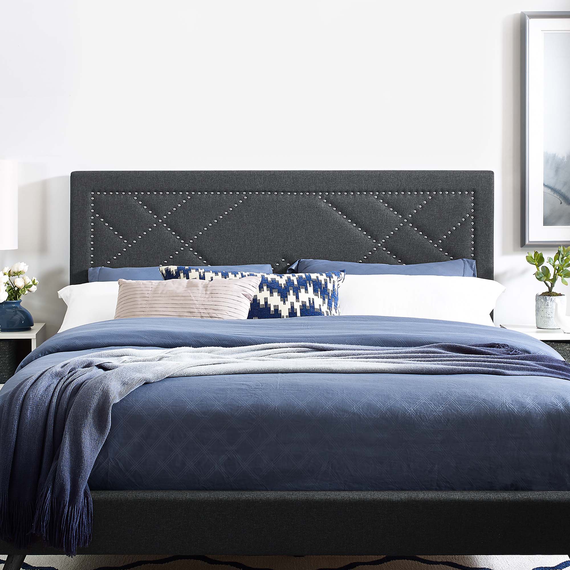Reese Nailhead Upholstered Linen Fabric Headboard by Modway