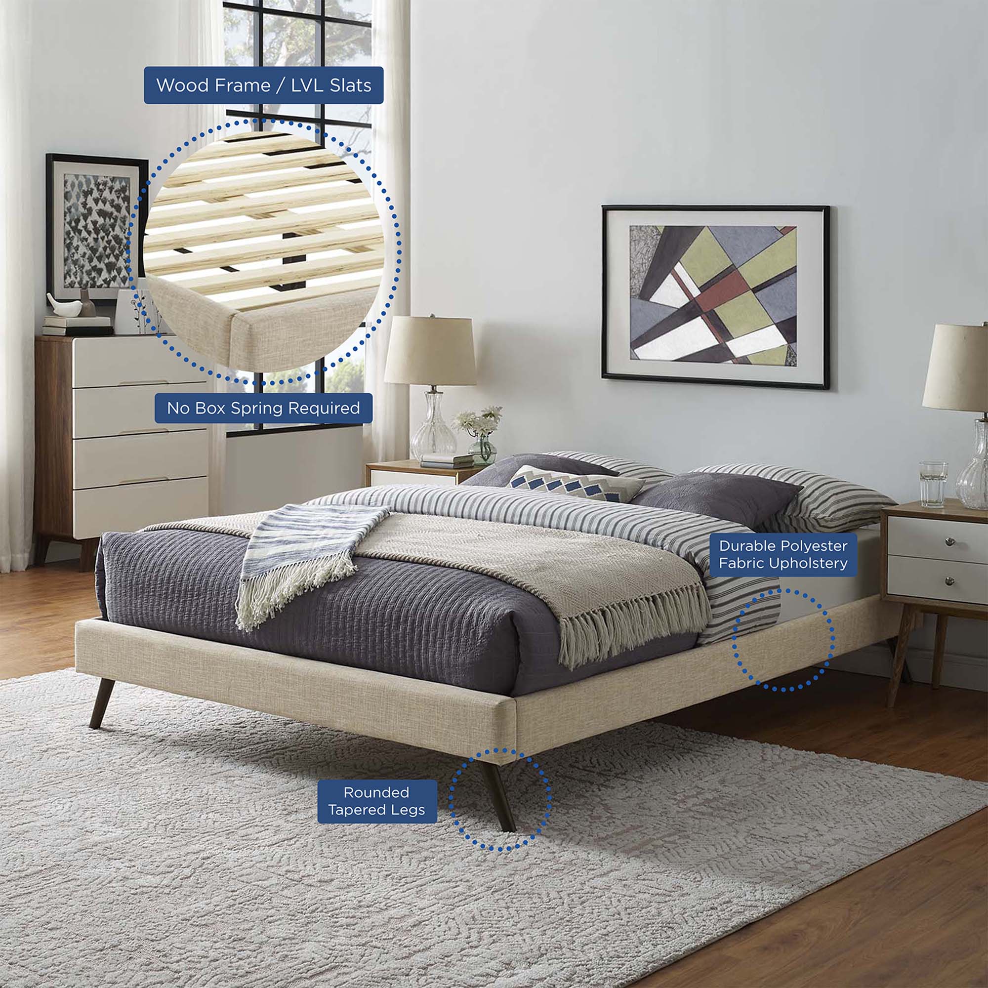 Loryn Fabric Bed Frame with Round Splayed Legs by Modway