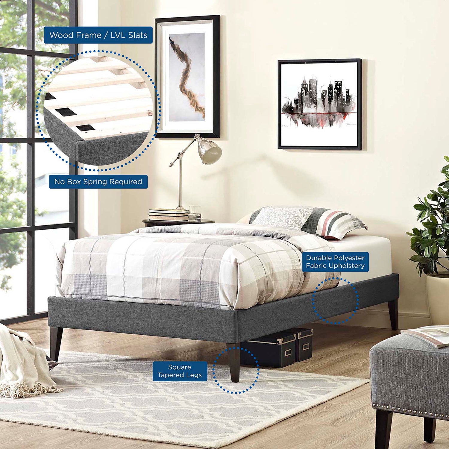 Tessie Fabric Bed Frame with Squared Tapered Legs by Modway