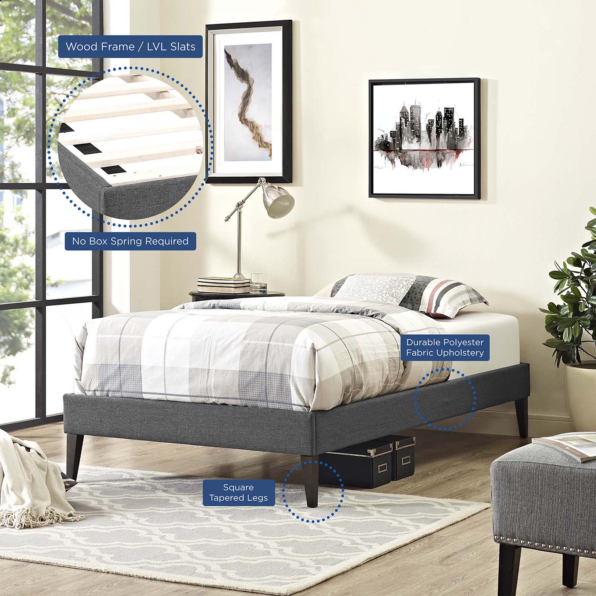 Tessie Fabric Bed Frame with Squared Tapered Legs by Modway