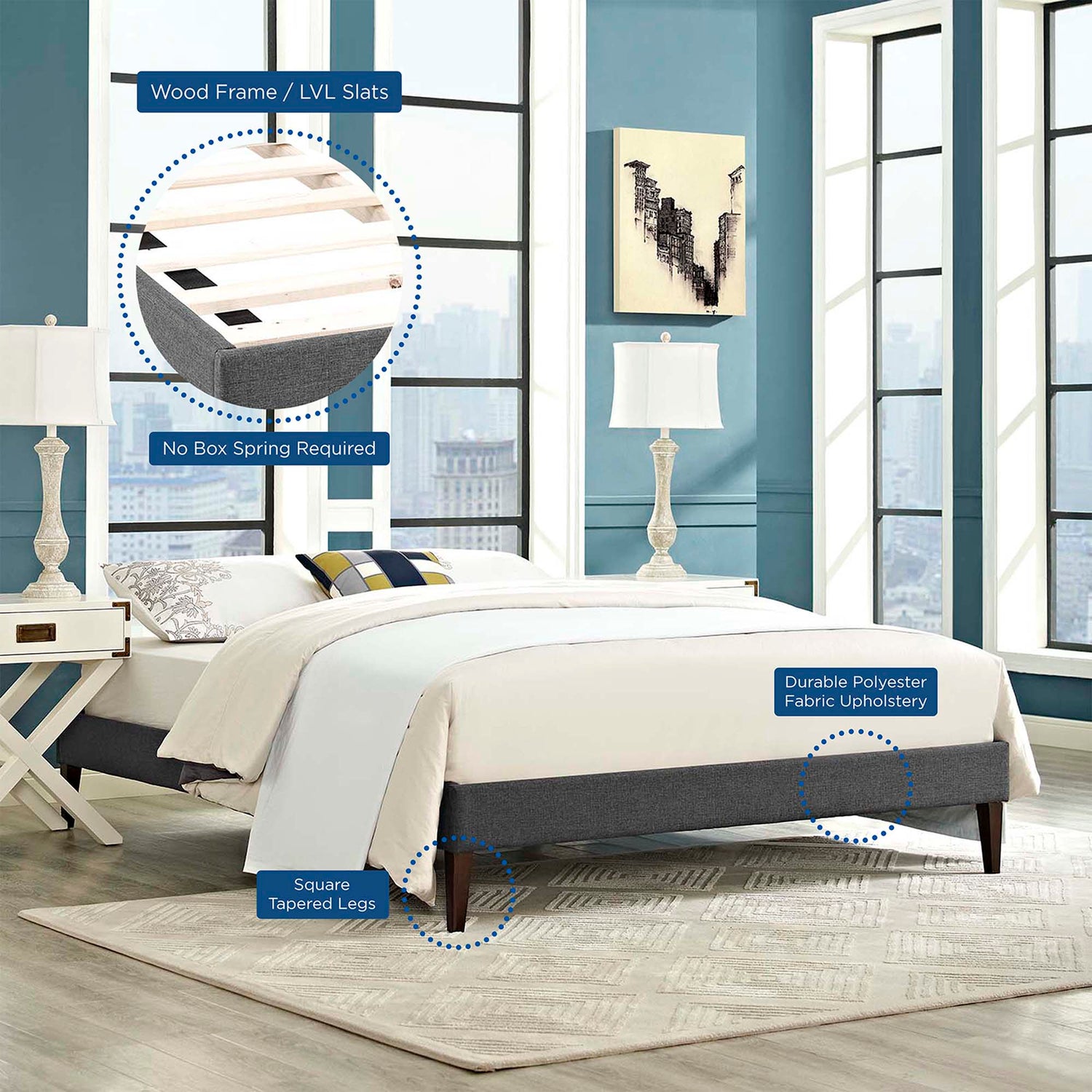 Tessie Fabric Bed Frame with Squared Tapered Legs by Modway