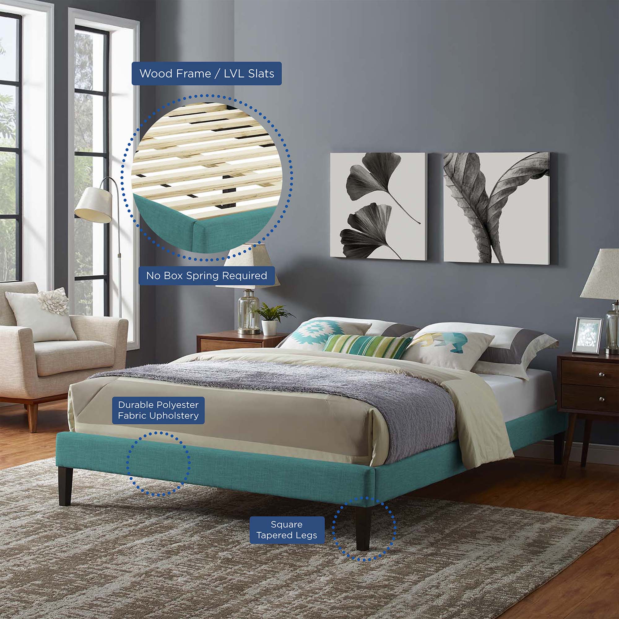 Tessie Fabric Bed Frame with Squared Tapered Legs by Modway