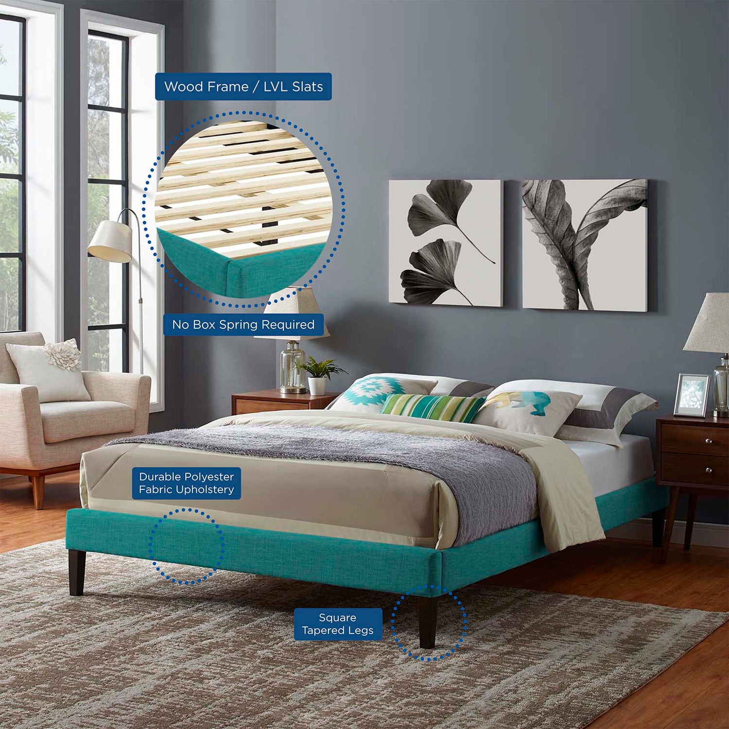Tessie Fabric Bed Frame with Squared Tapered Legs by Modway