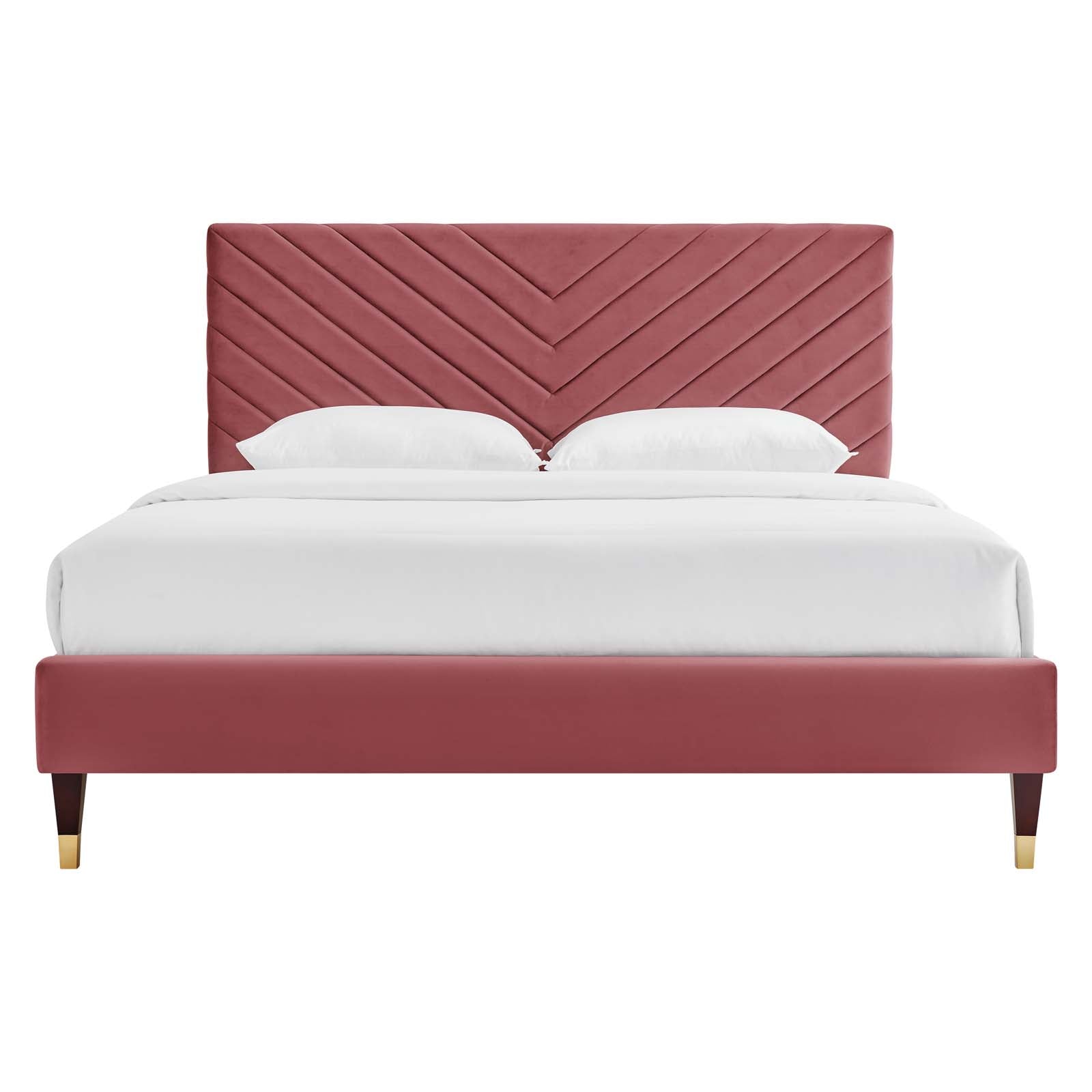 Roxanne Performance Velvet Platform Bed With Wood and Gold Legs by Modway