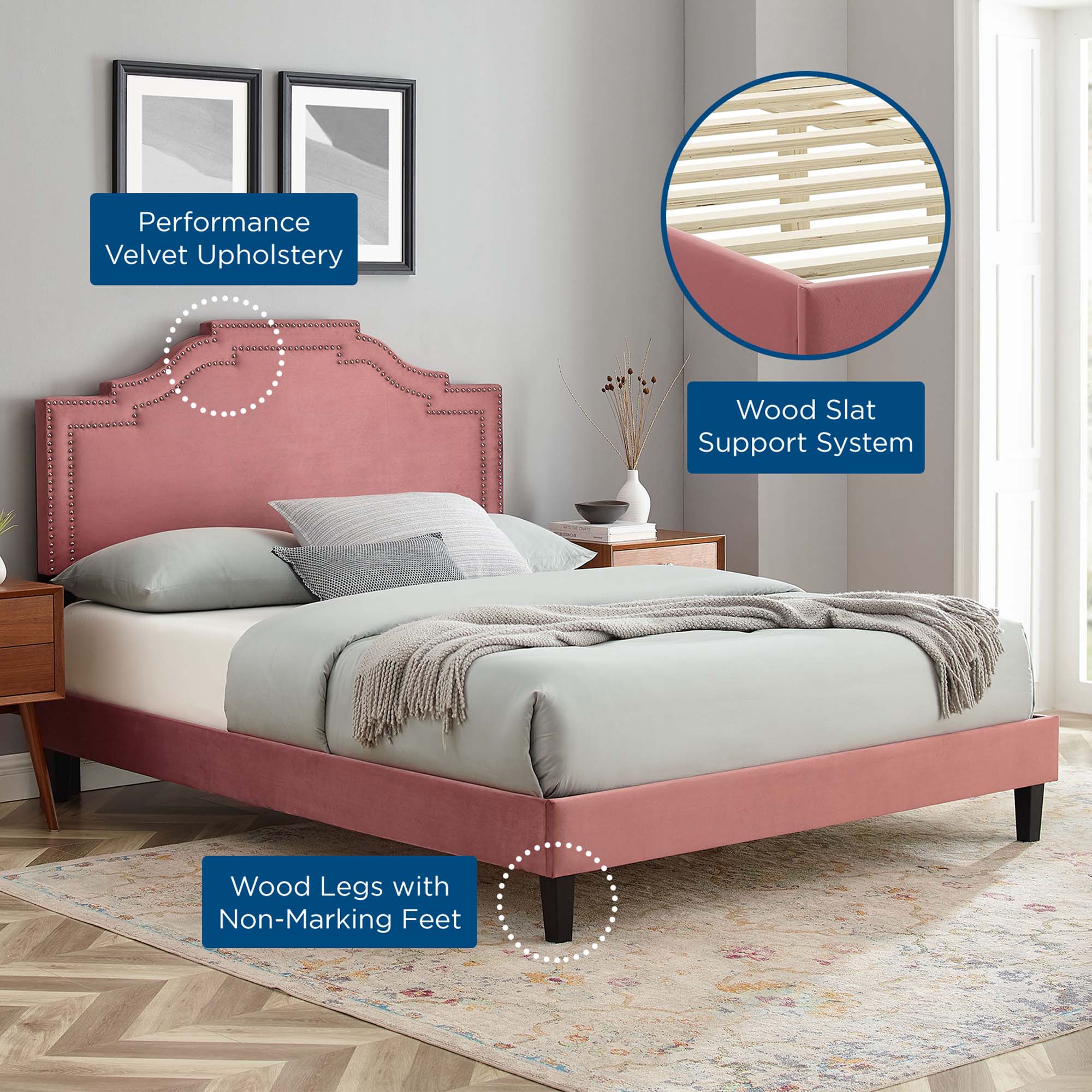 Adelaide Performance Velvet Platform Bed With Black Wood Legs by Modway