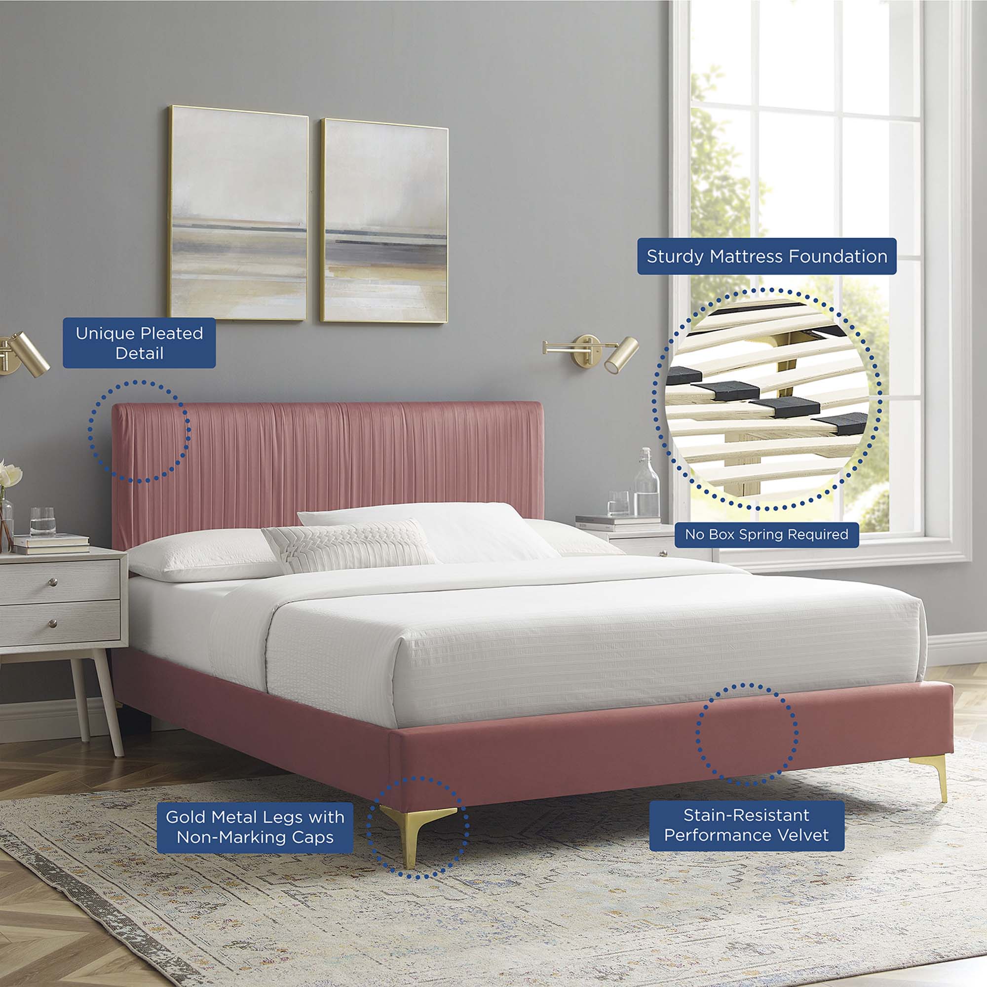 Peyton Performance Velvet Platform Bed With Gold Metal Legs by Modway