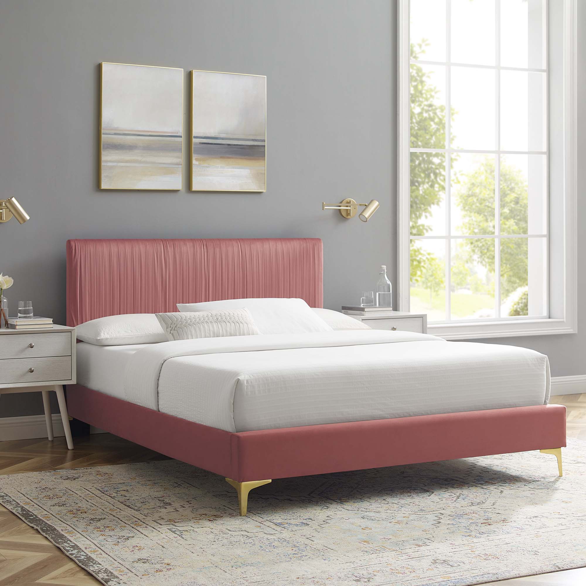 Peyton Performance Velvet Platform Bed With Gold Metal Legs by Modway