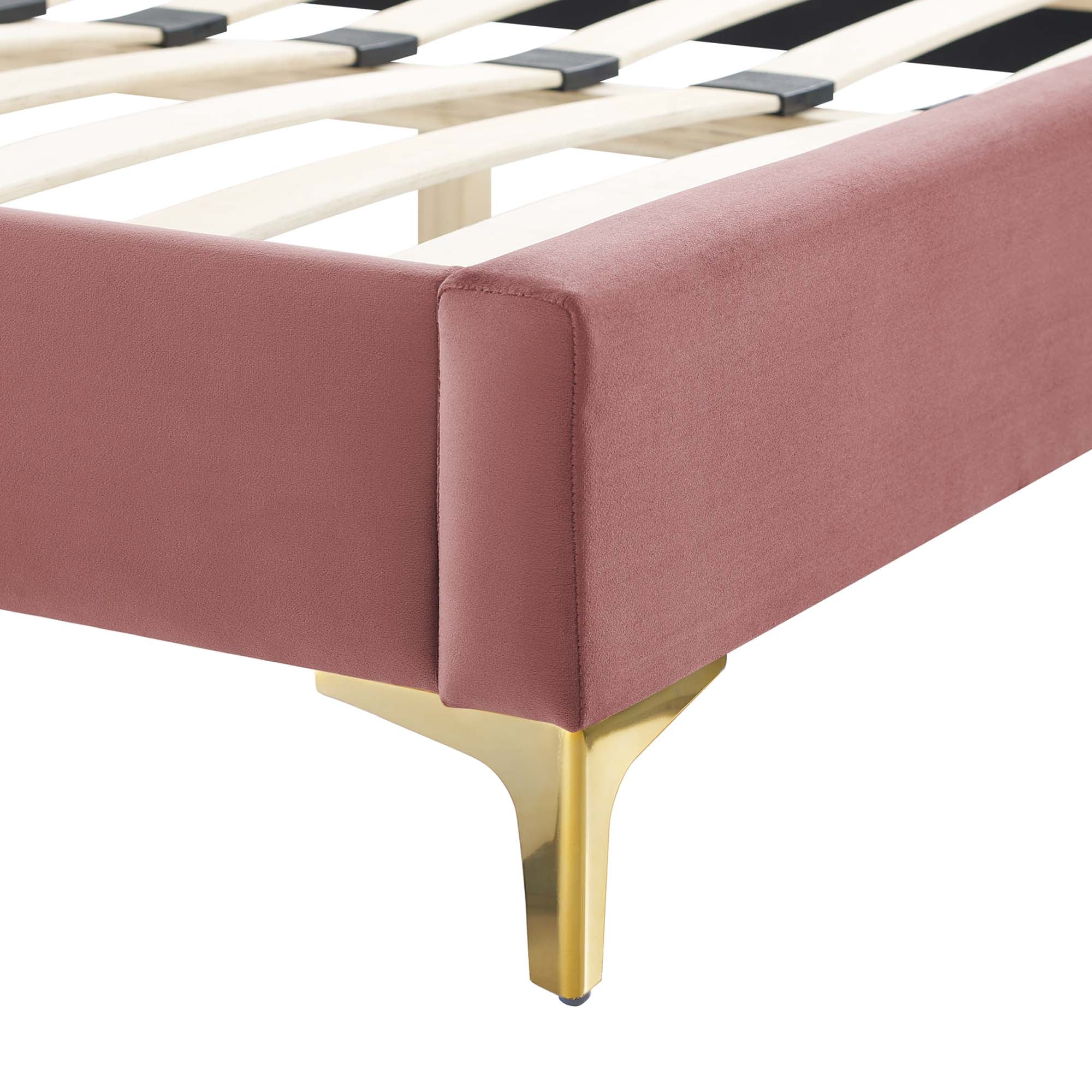 Peyton Performance Velvet Platform Bed With Gold Metal Legs by Modway