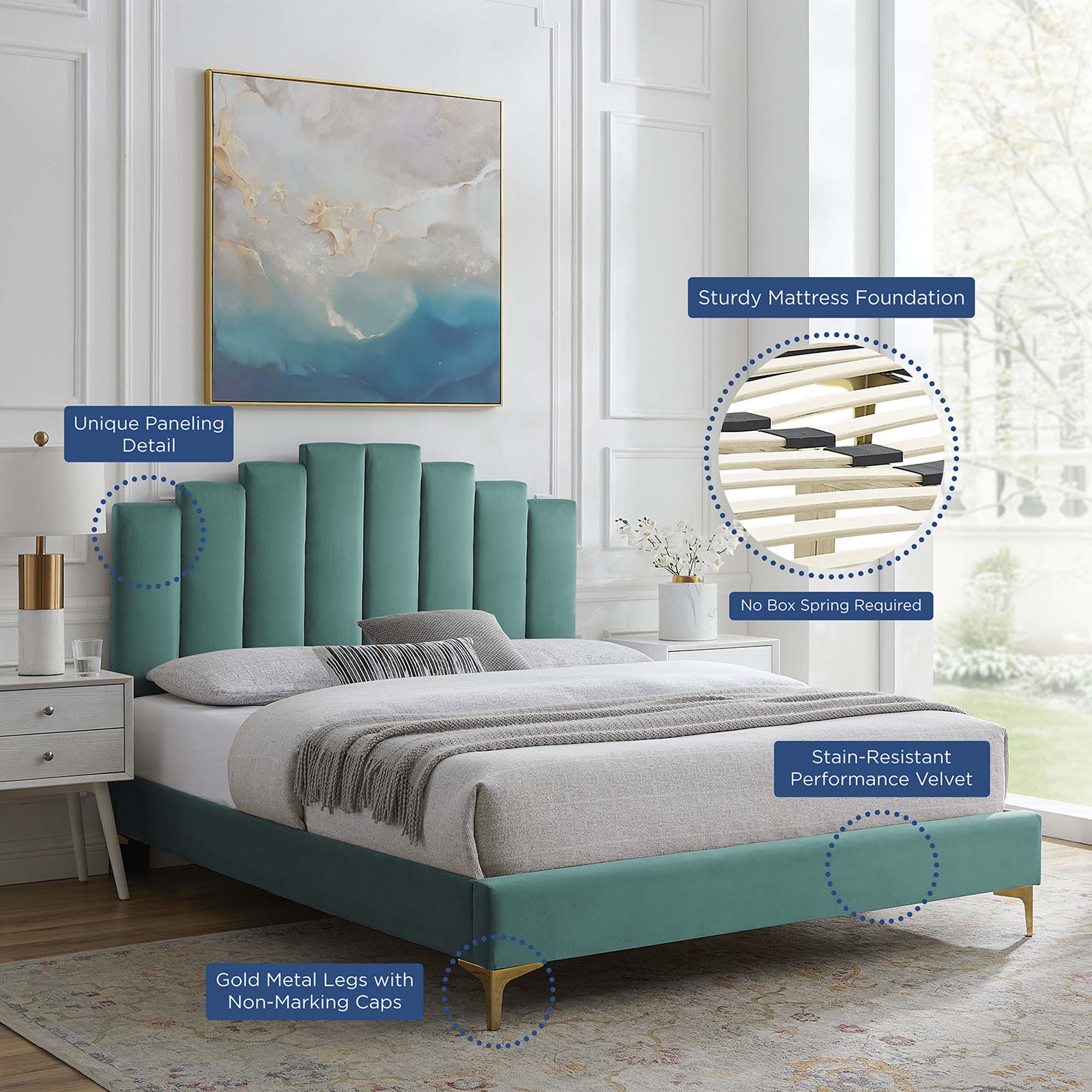 Elise Performance Velvet Platform Bed With Gold Metal Legs by Modway