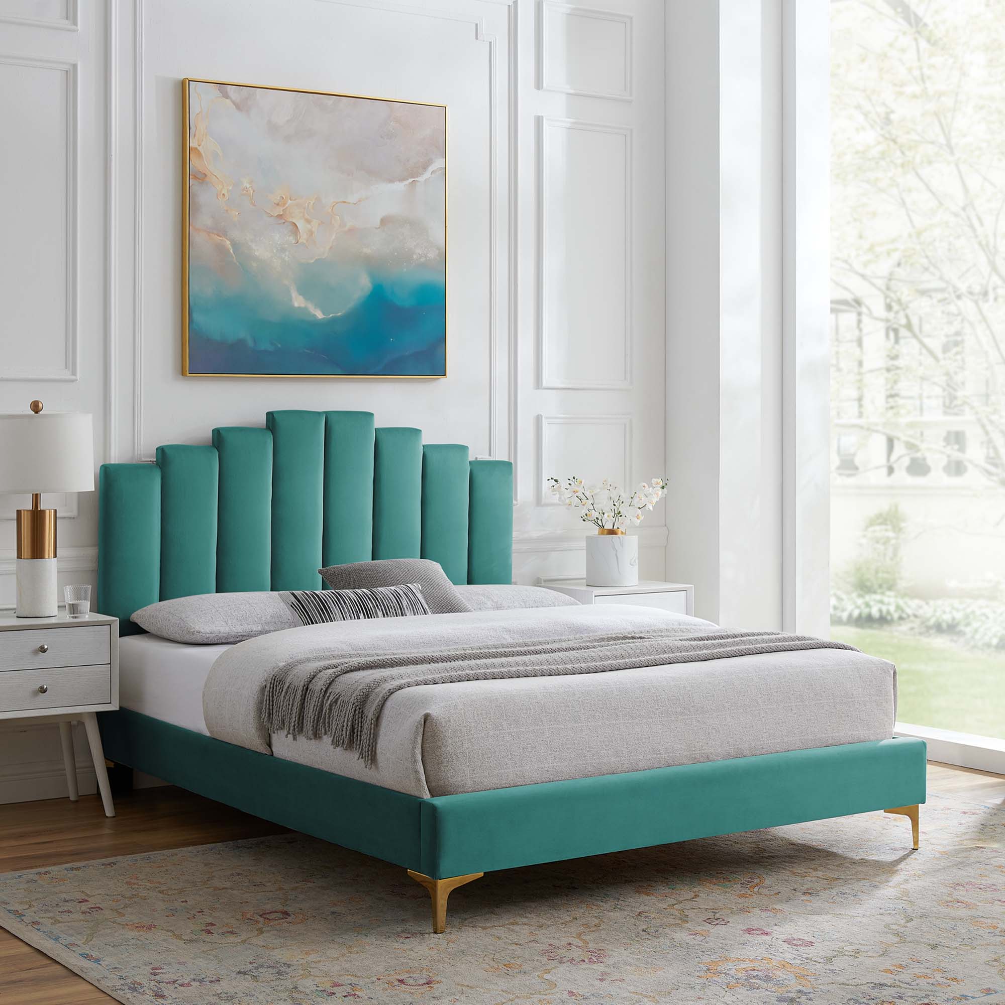 Elise Performance Velvet Platform Bed With Gold Metal Legs by Modway