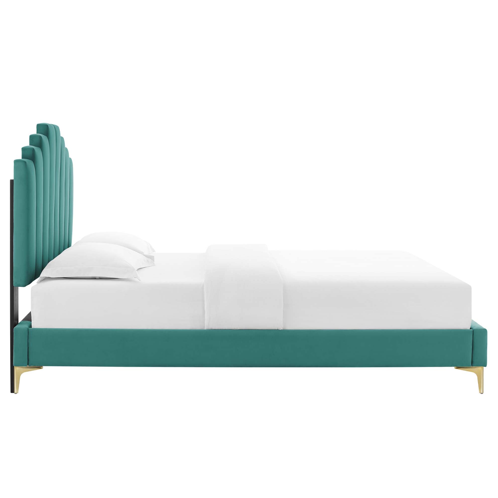 Elise Performance Velvet Platform Bed With Gold Metal Legs by Modway