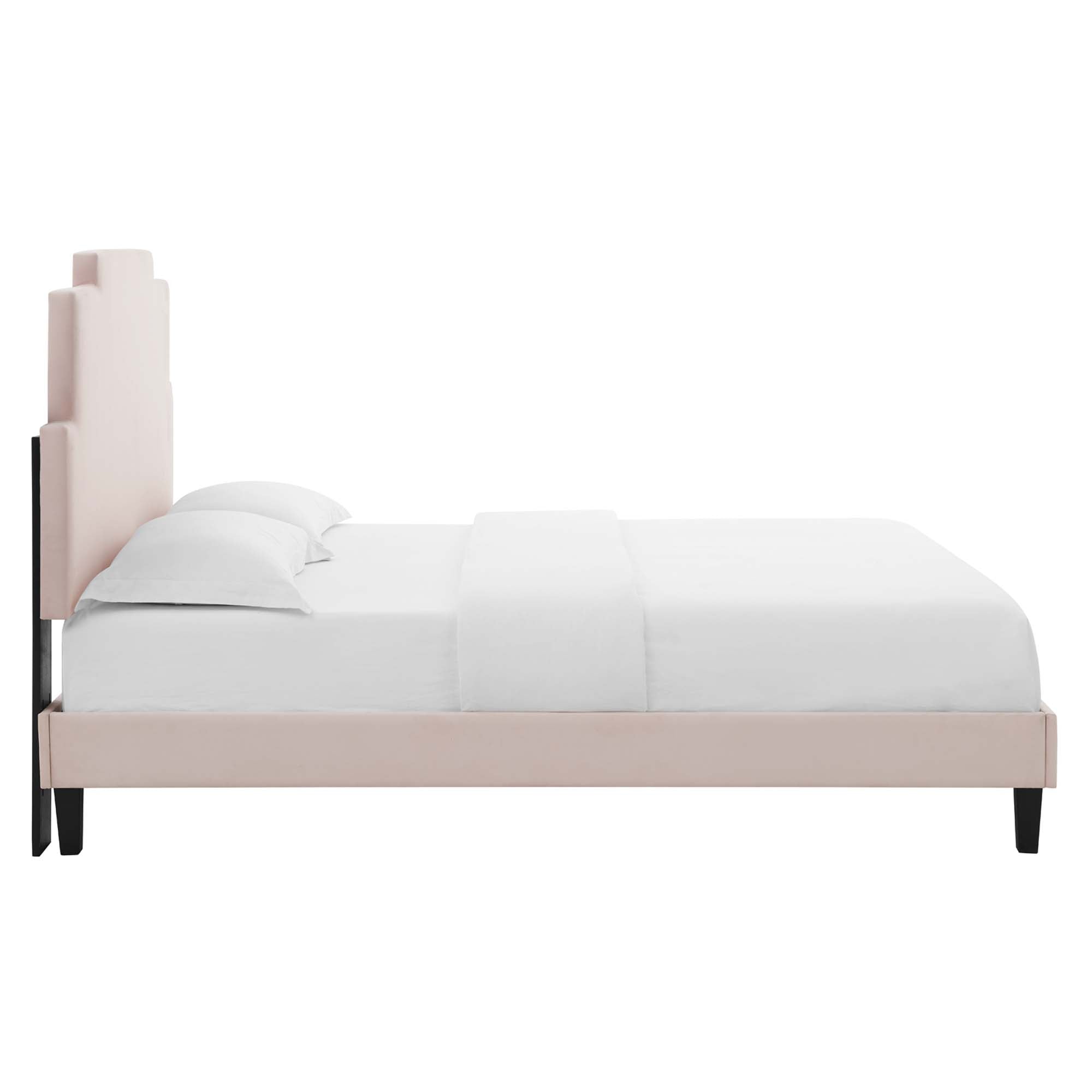 Lindsey Performance Velvet Platform Bed With Black Wood Legs by Modway