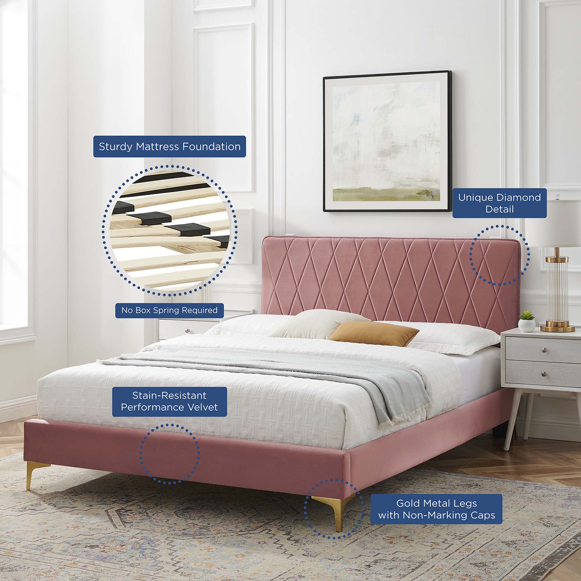 Phillipa Performance Velvet Platform Bed With Gold Metal Legs by Modway