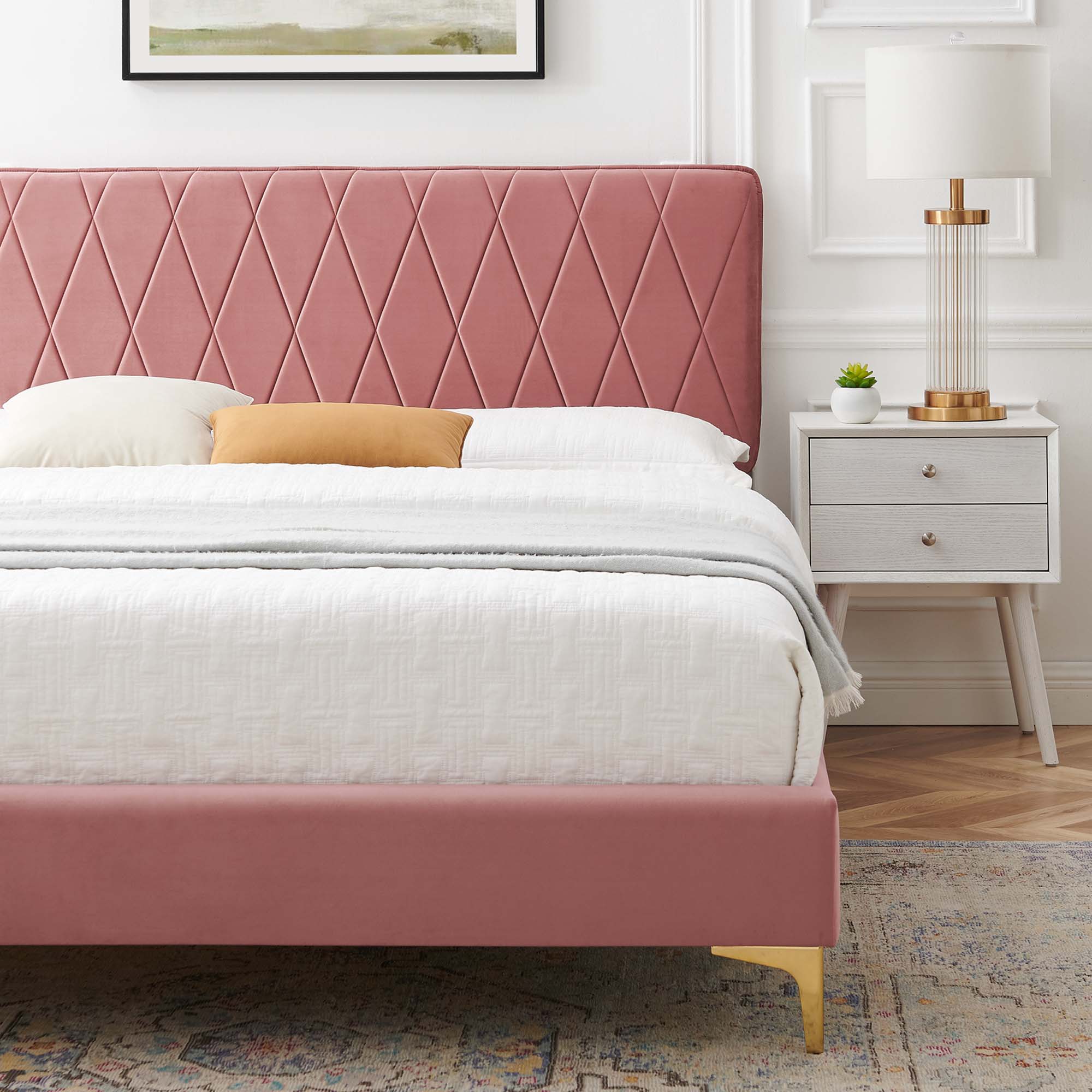 Phillipa Performance Velvet Platform Bed With Gold Metal Legs by Modway