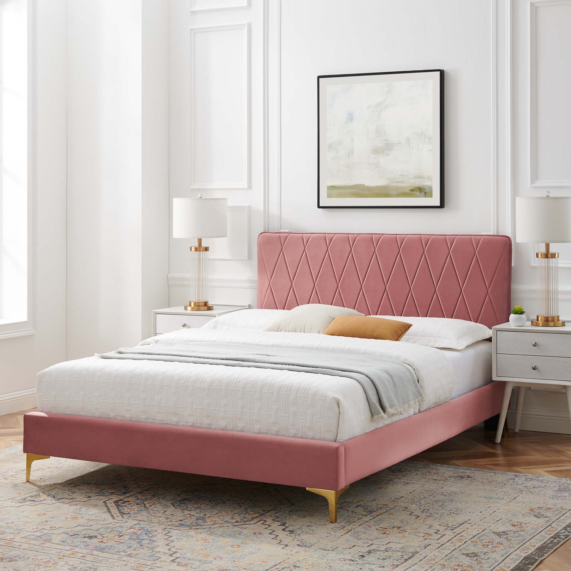 Phillipa Performance Velvet Platform Bed With Gold Metal Legs by Modway