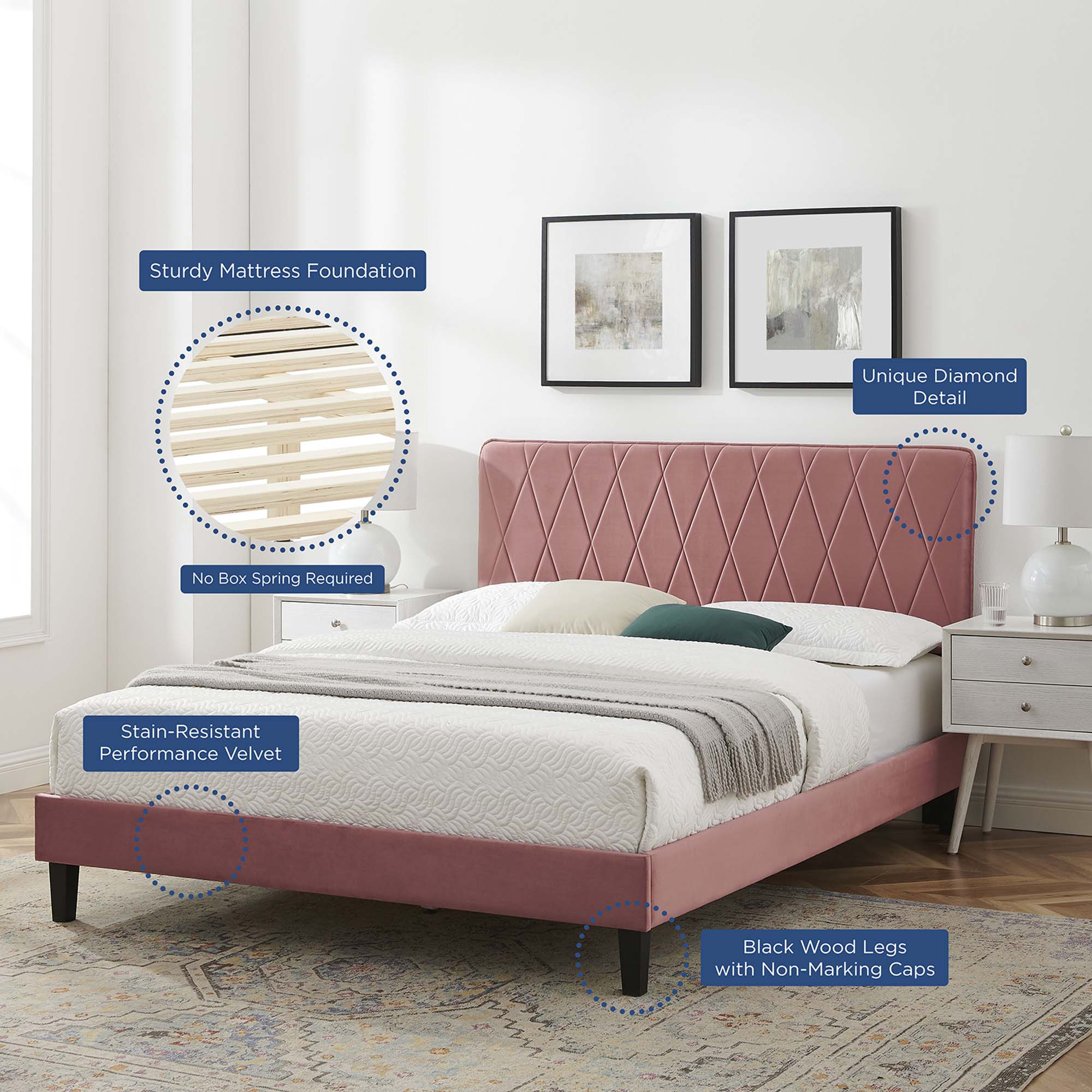 Phillipa Performance Velvet Platform Bed With Black Wood Legs by Modway