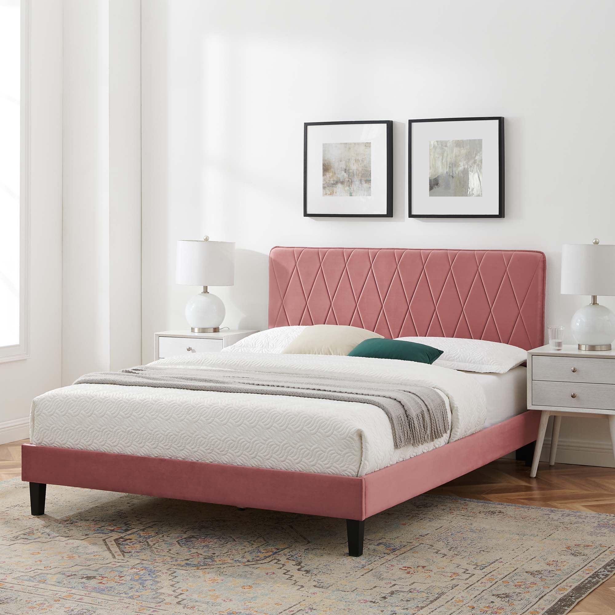Phillipa Performance Velvet Platform Bed With Black Wood Legs by Modway