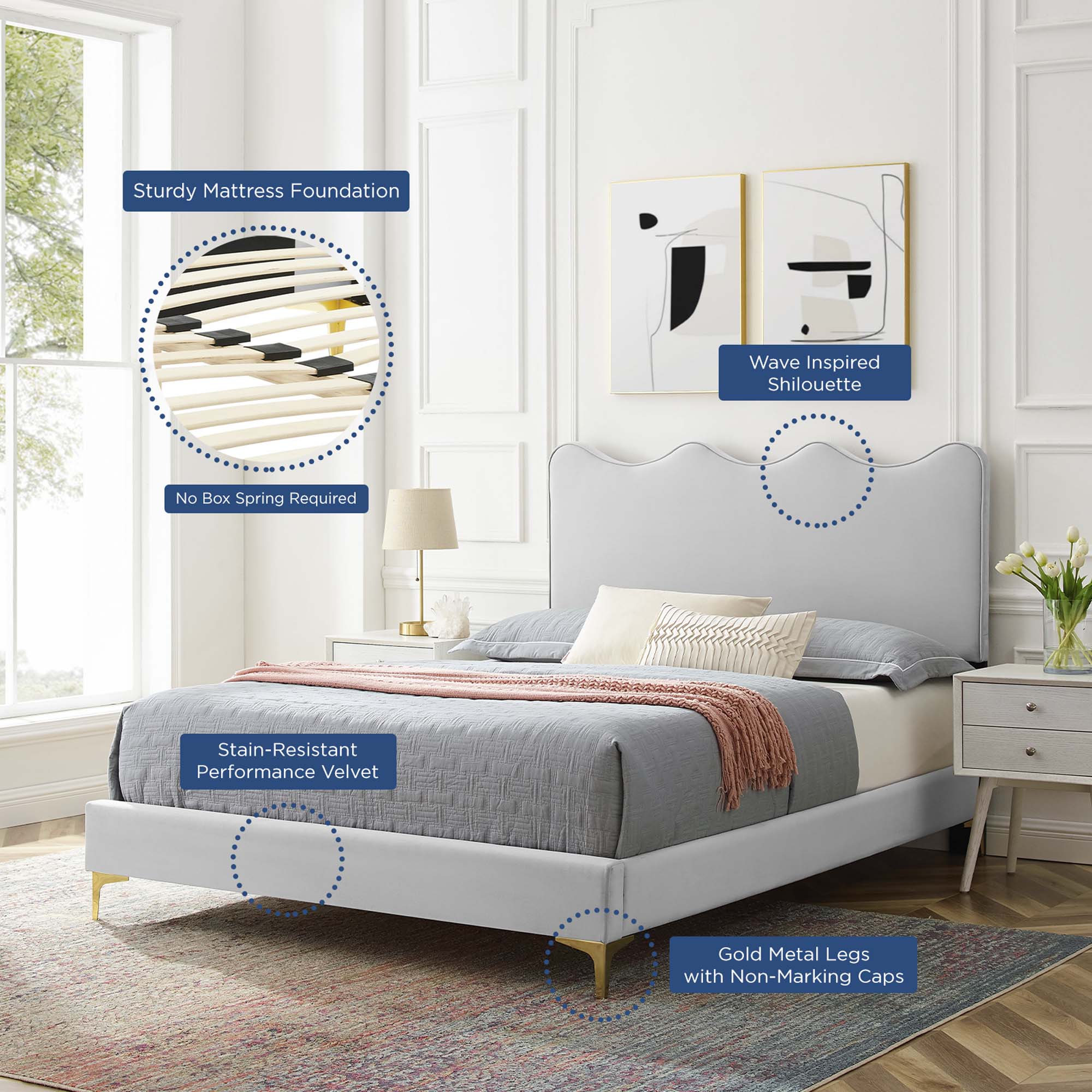 Current Performance Velvet Platform Bed With Gold Metal Legs by Modway