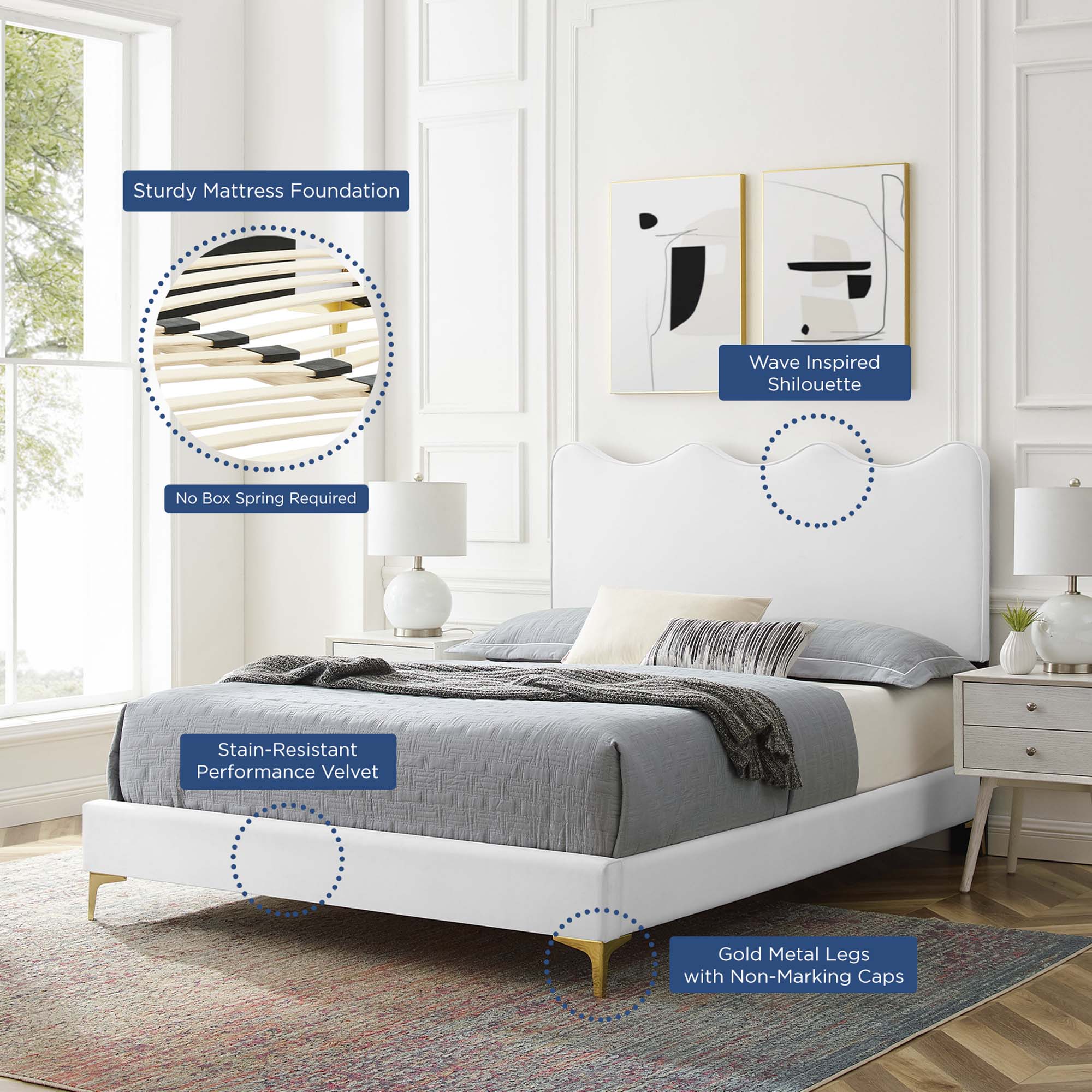 Current Performance Velvet Platform Bed With Gold Metal Legs by Modway