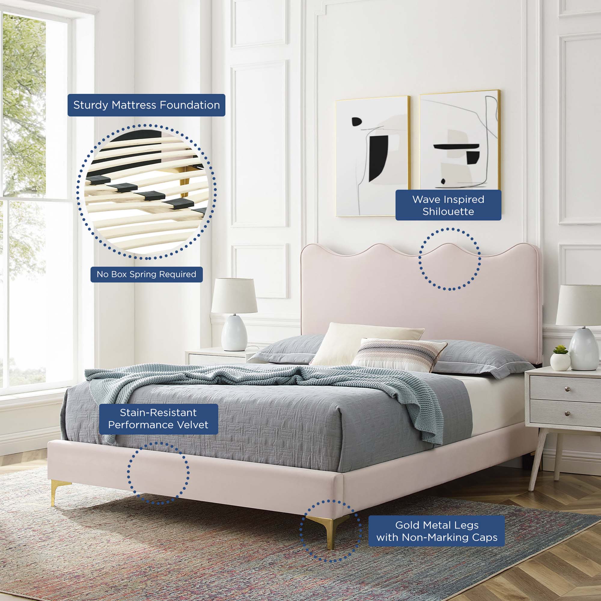 Current Performance Velvet Platform Bed With Gold Metal Legs by Modway