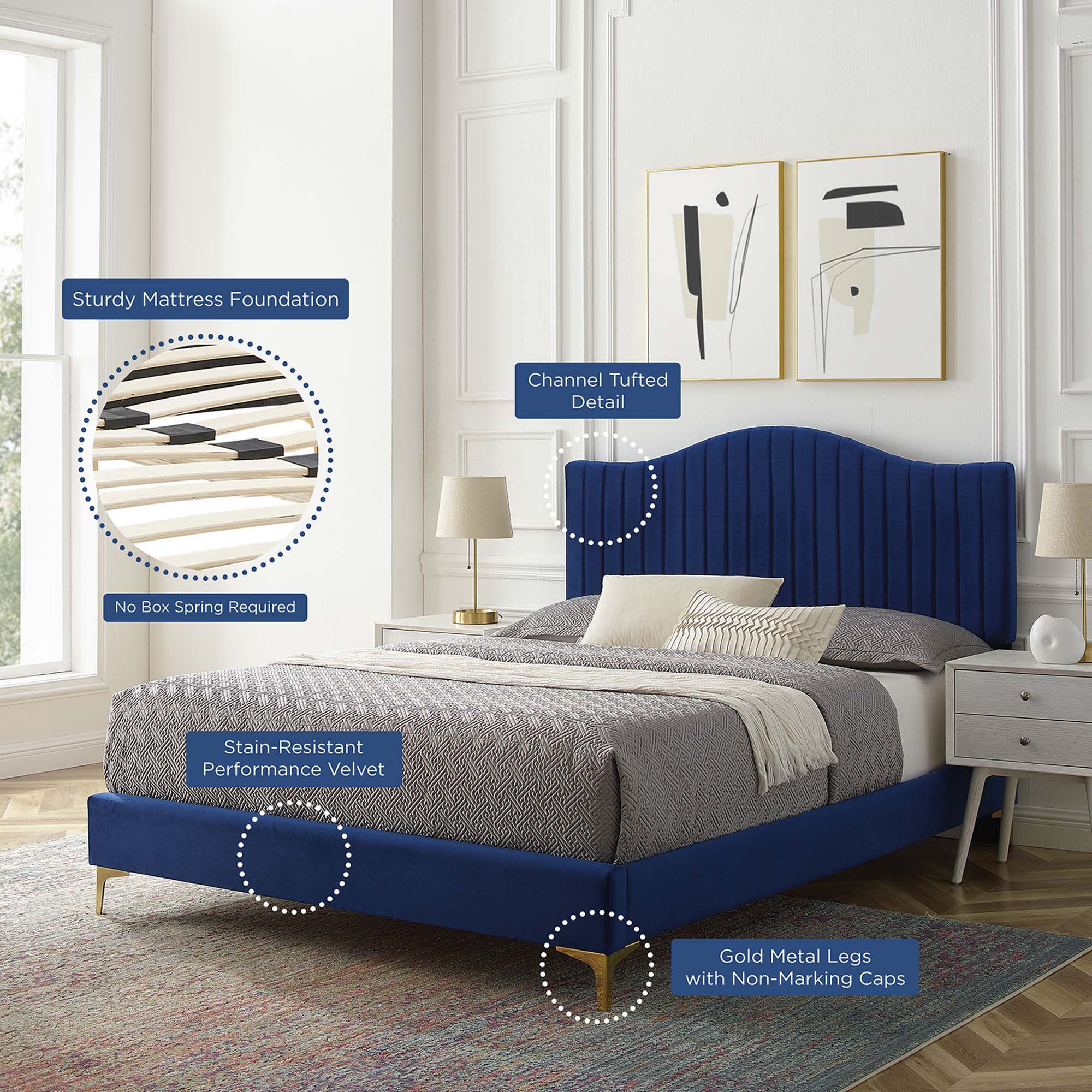 Juniper Channel Tufted Performance Velvet Platform Bed With Gold Metal Legs by Modway