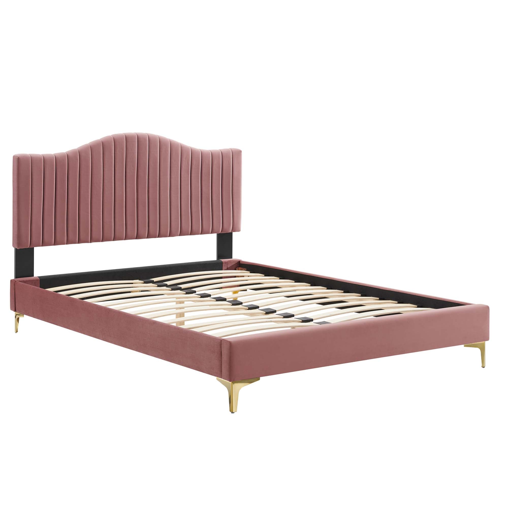 Juniper Channel Tufted Performance Velvet Platform Bed With Gold Metal Legs by Modway