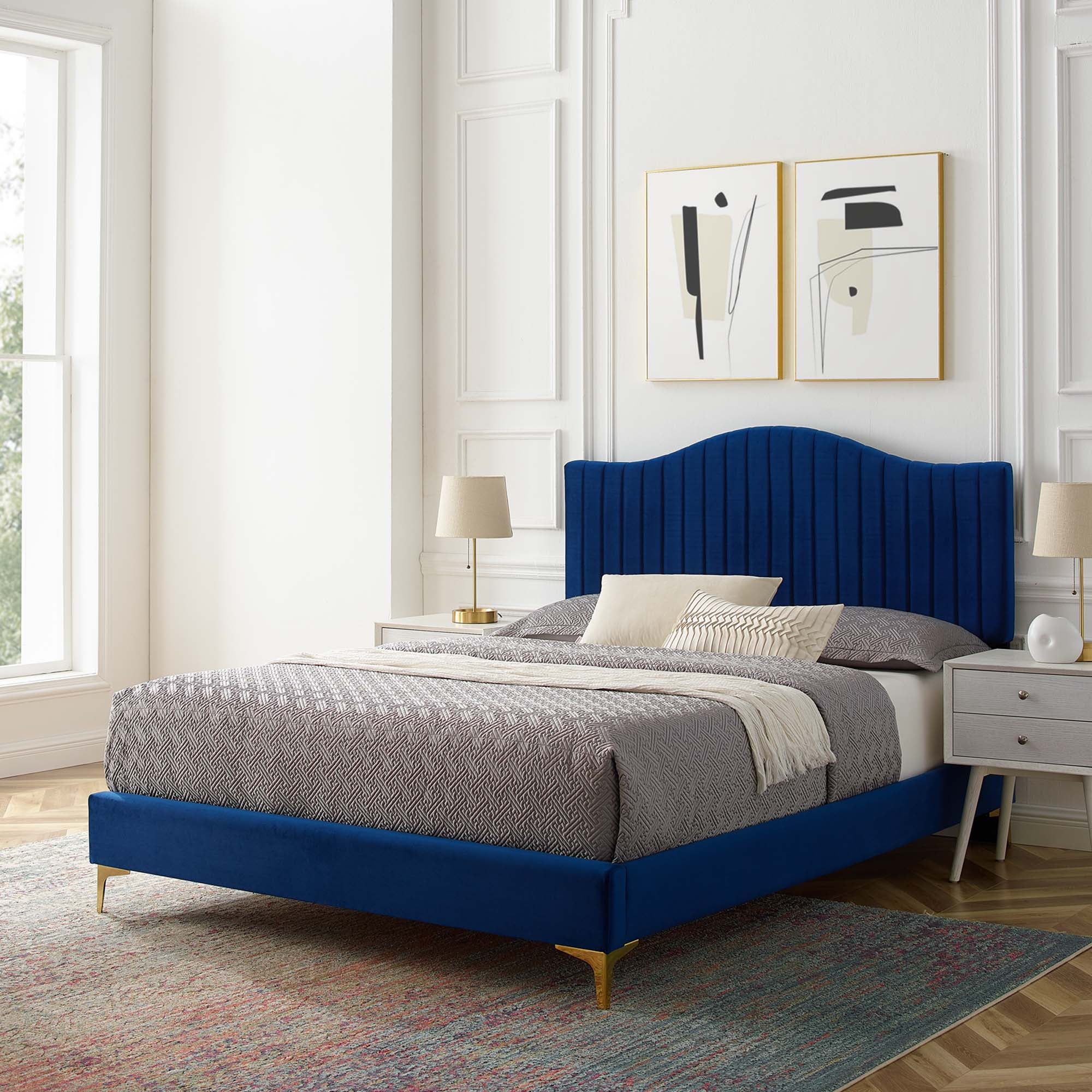 Juniper Channel Tufted Performance Velvet Platform Bed With Gold Metal Legs by Modway