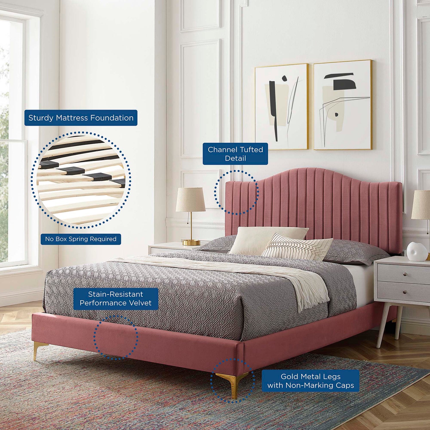 Juniper Channel Tufted Performance Velvet Platform Bed With Gold Metal Legs by Modway