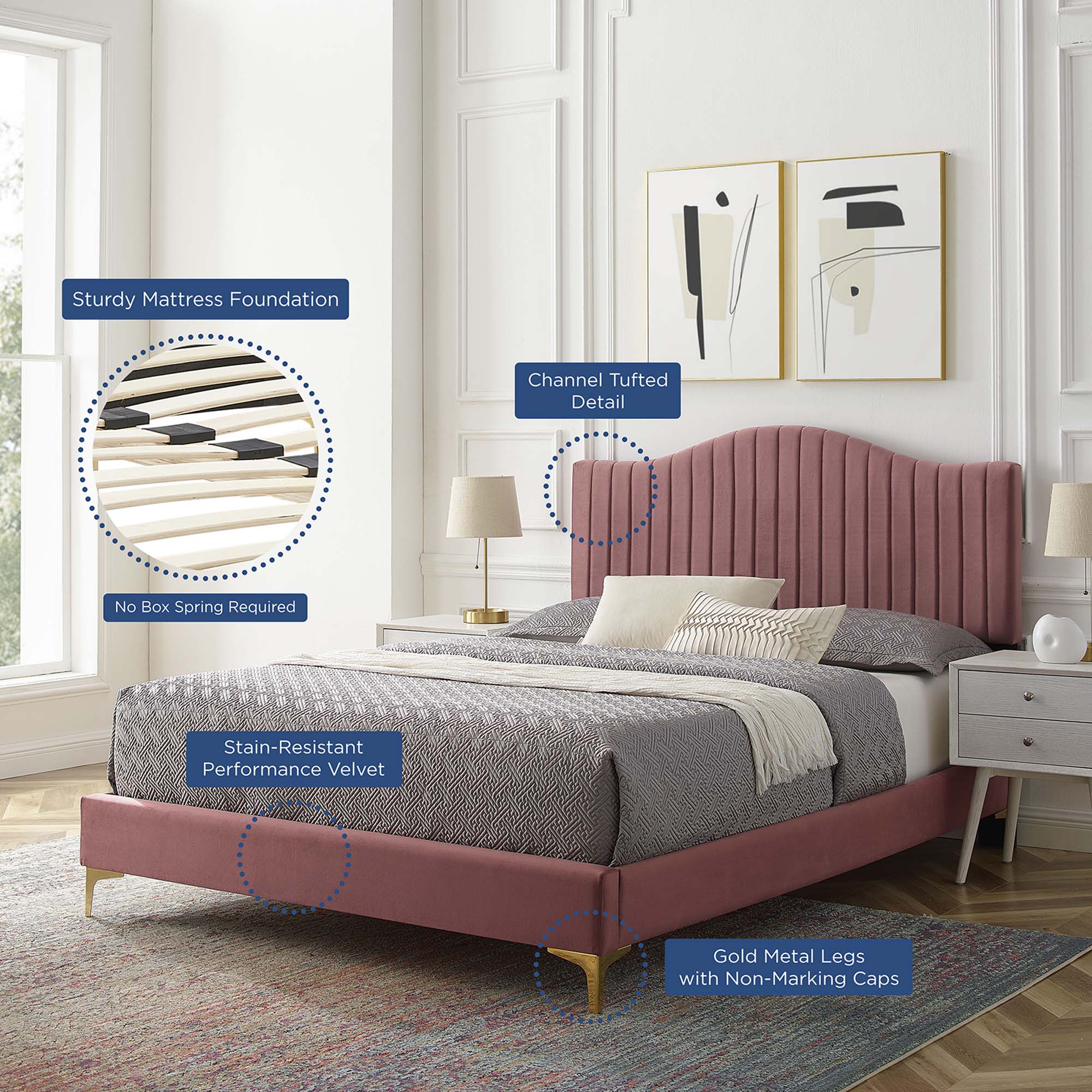 Juniper Channel Tufted Performance Velvet Platform Bed With Gold Metal Legs by Modway