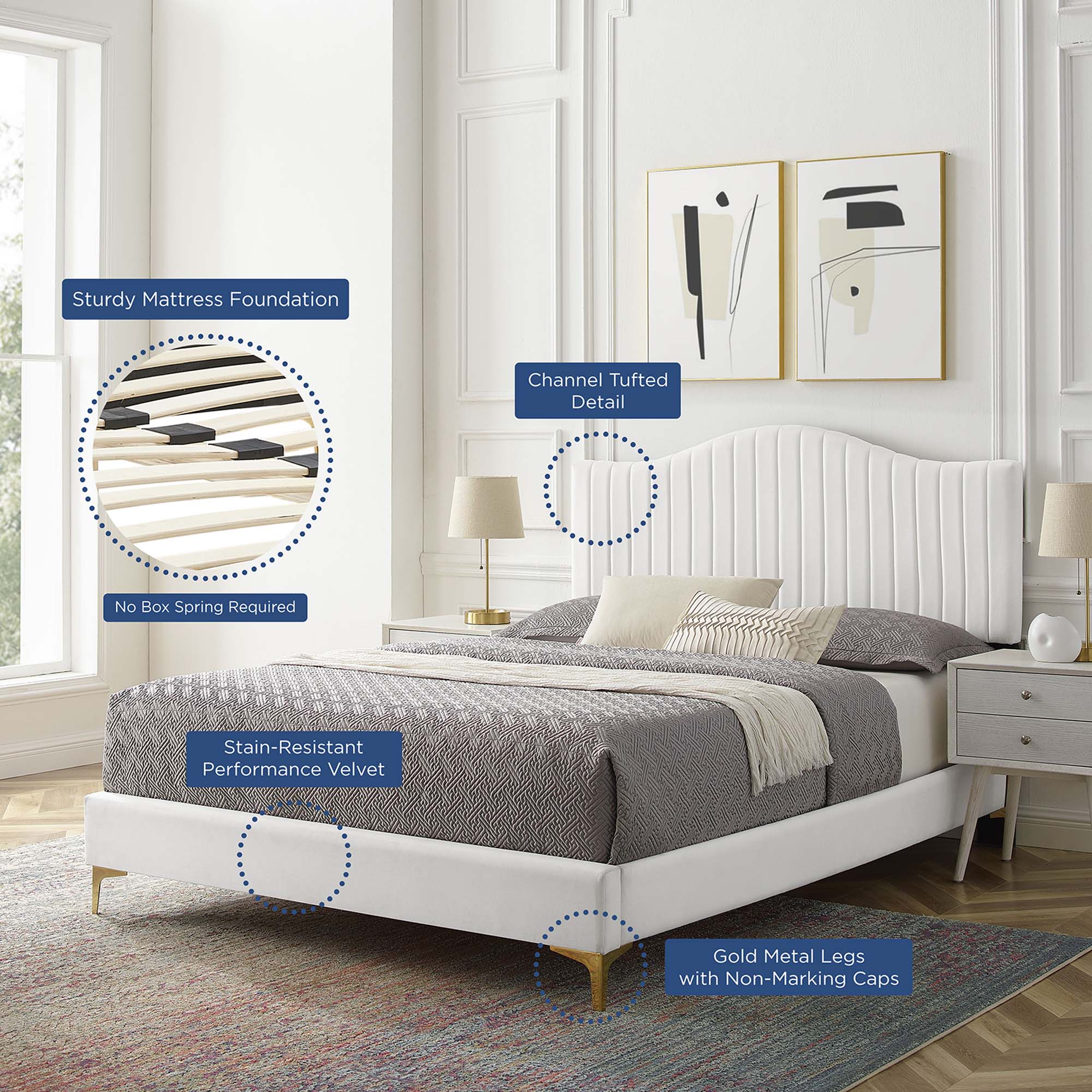 Juniper Channel Tufted Performance Velvet Platform Bed With Gold Metal Legs by Modway
