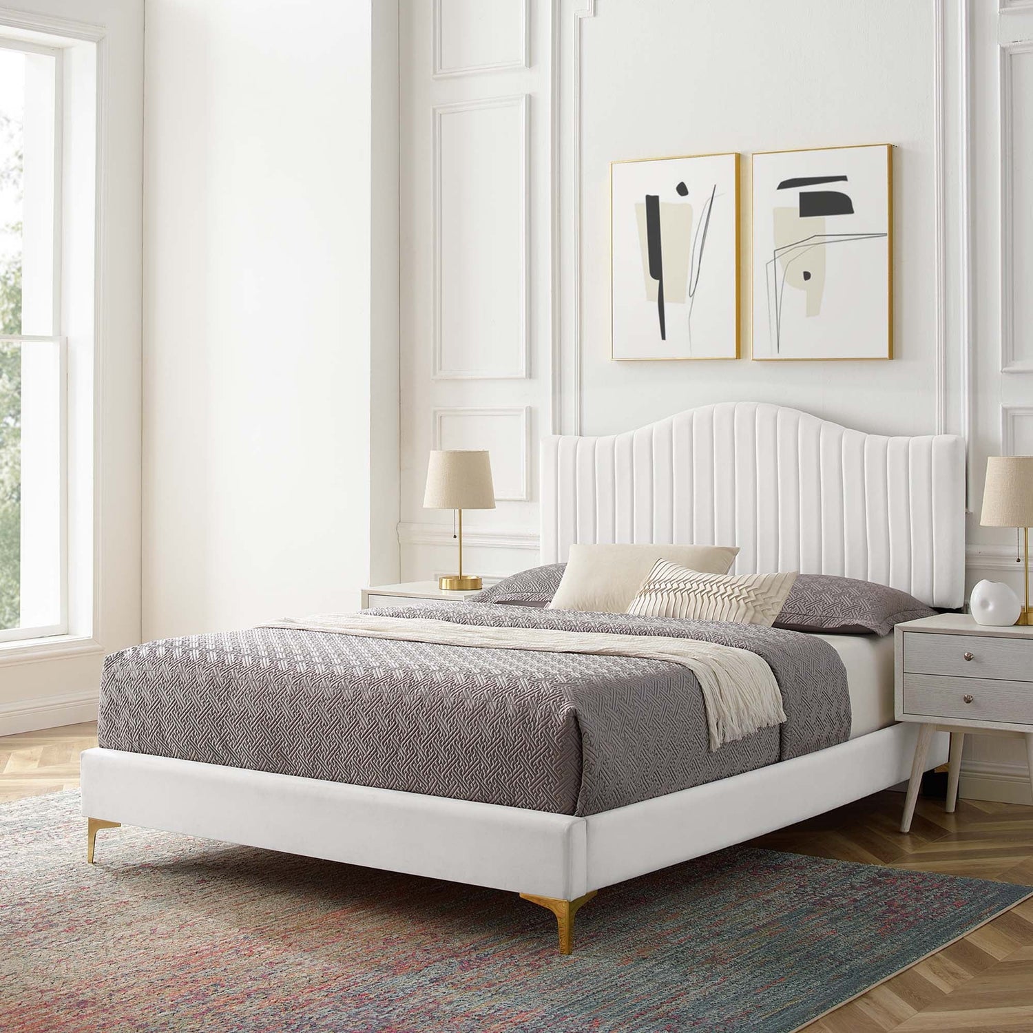 Juniper Channel Tufted Performance Velvet Platform Bed With Gold Metal Legs by Modway