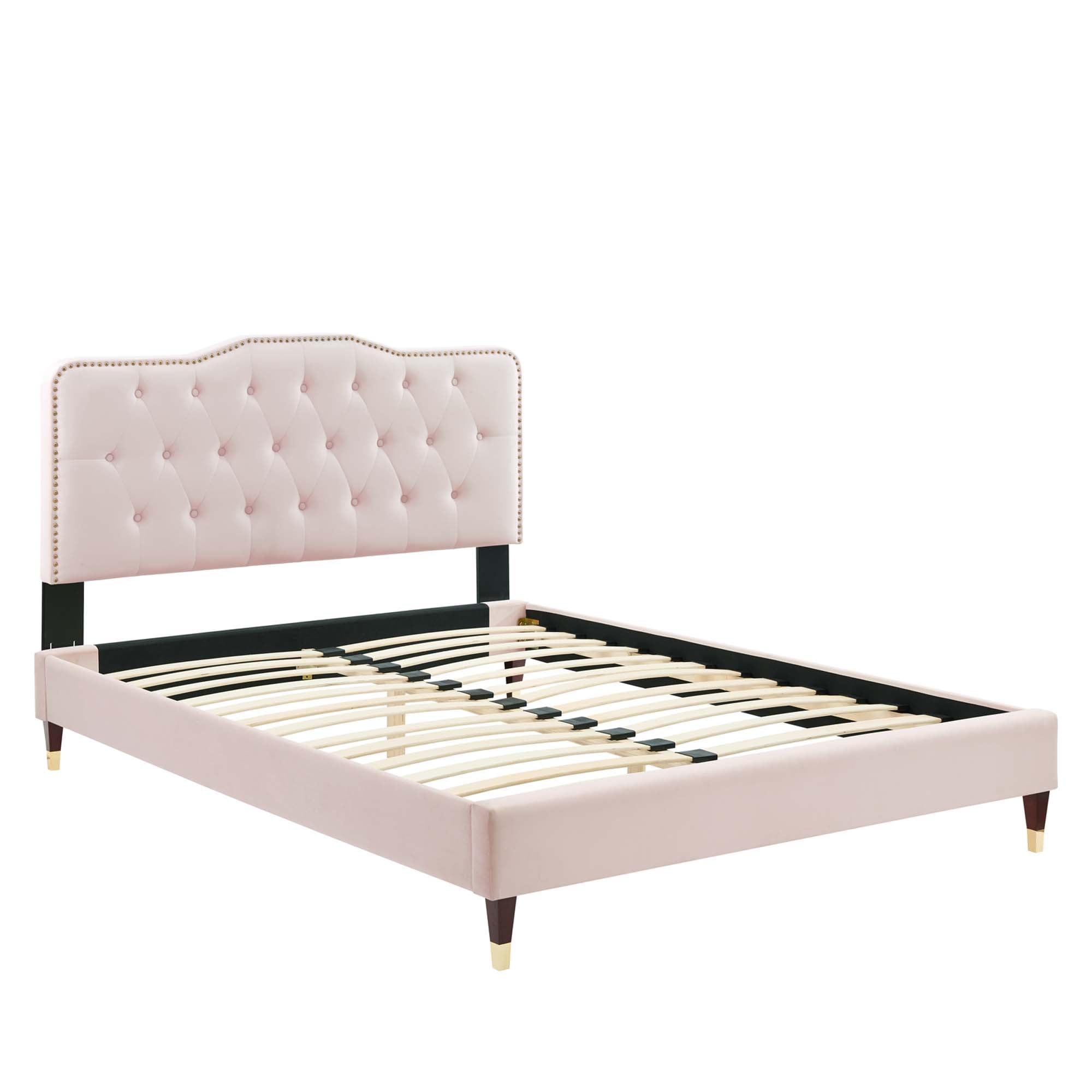 Amber Performance Velvet Platform Bed With Wood and Gold Legs by Modway