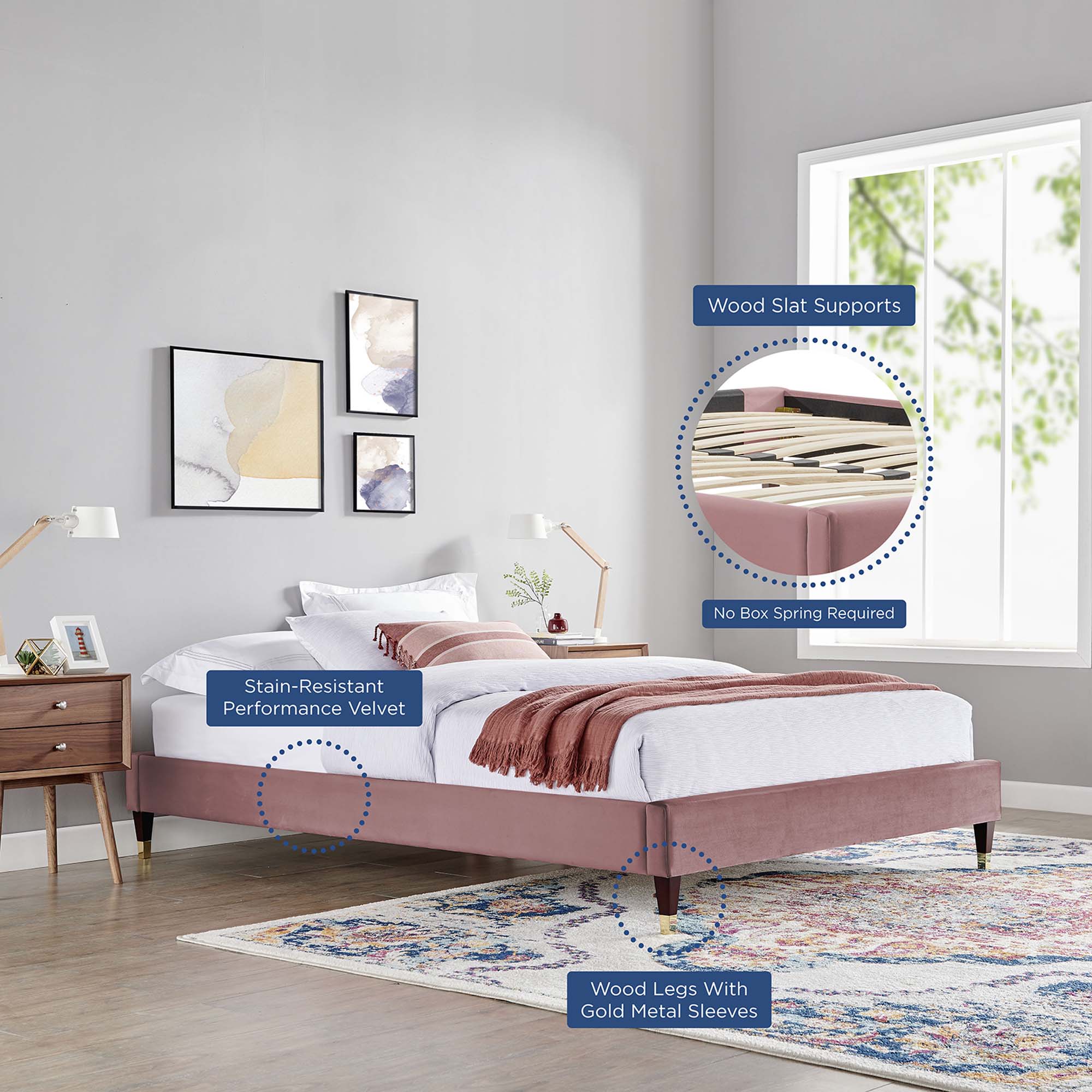 Liva Performance Velvet Bed With Wood and Gold Legs by Modway