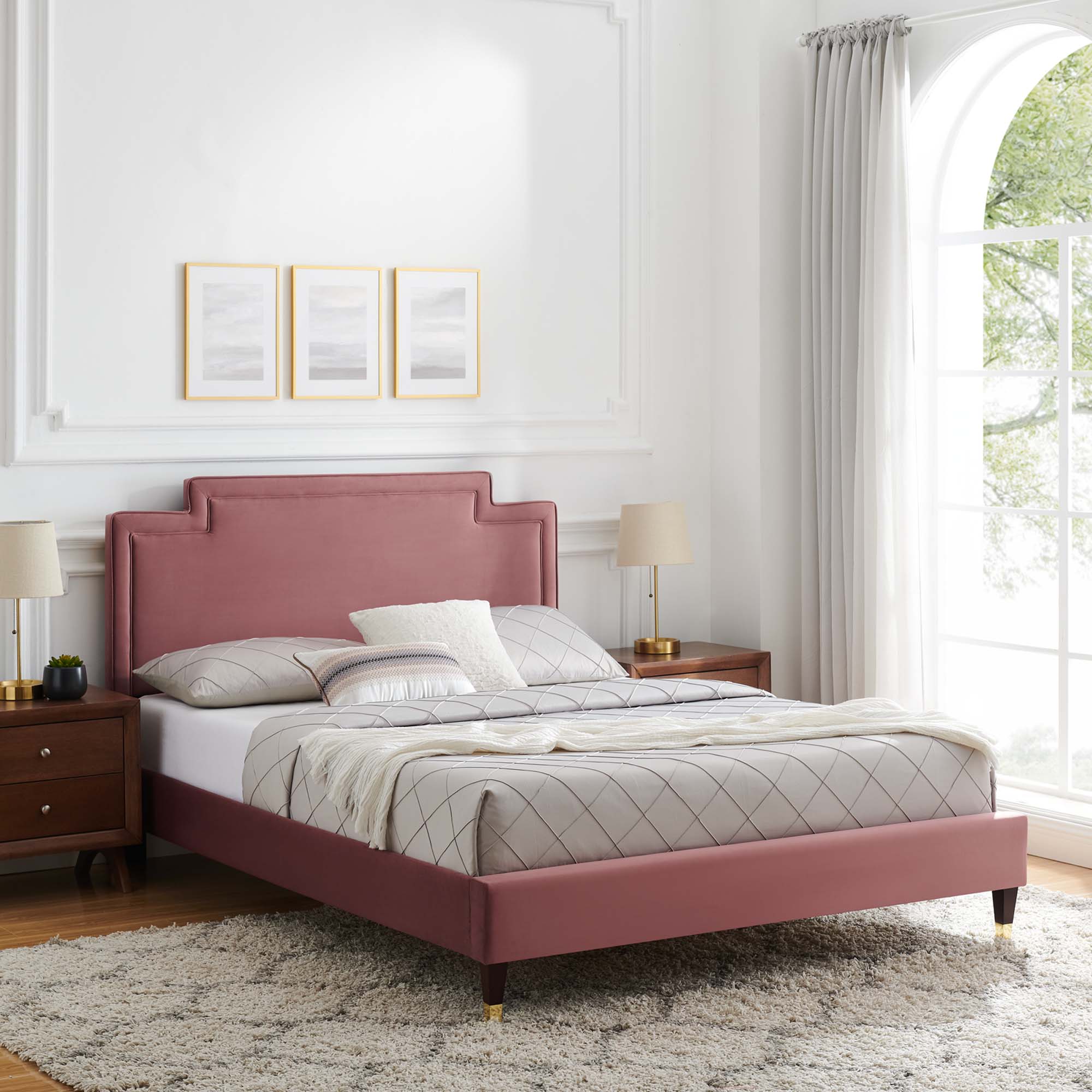 Liva Performance Velvet Bed With Wood and Gold Legs by Modway