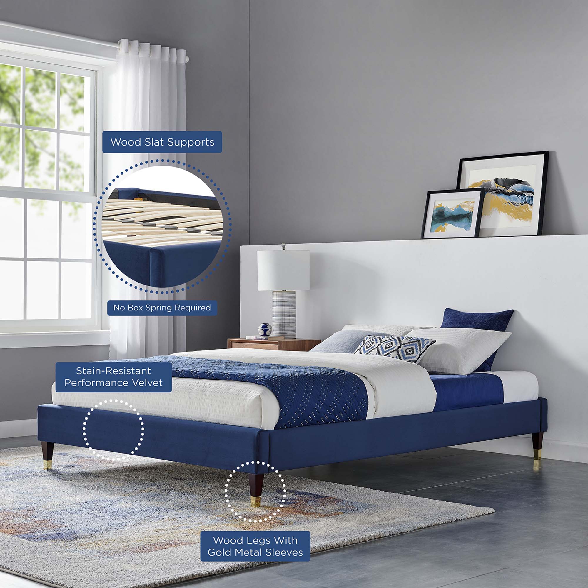 Liva Performance Velvet Bed With Wood and Gold Legs by Modway