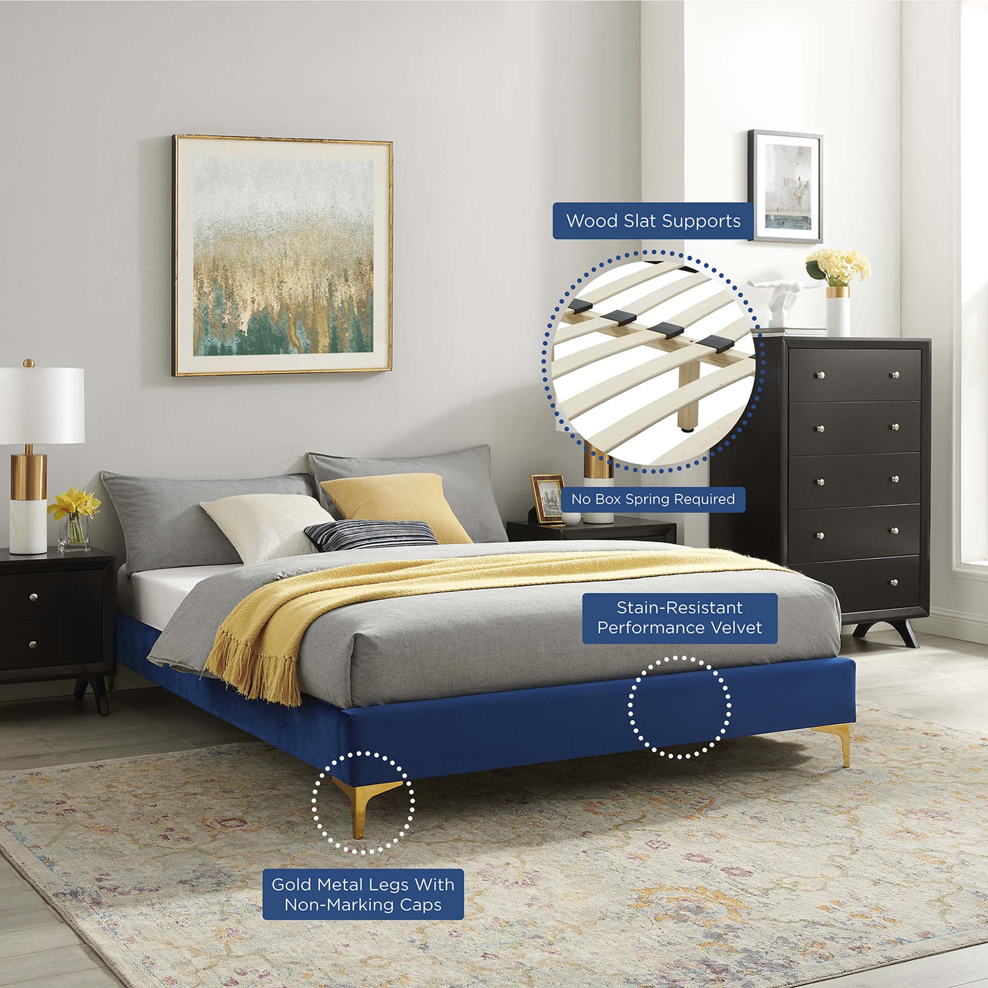 Novi Performance Velvet Bed With Gold Metal Legs by Modway