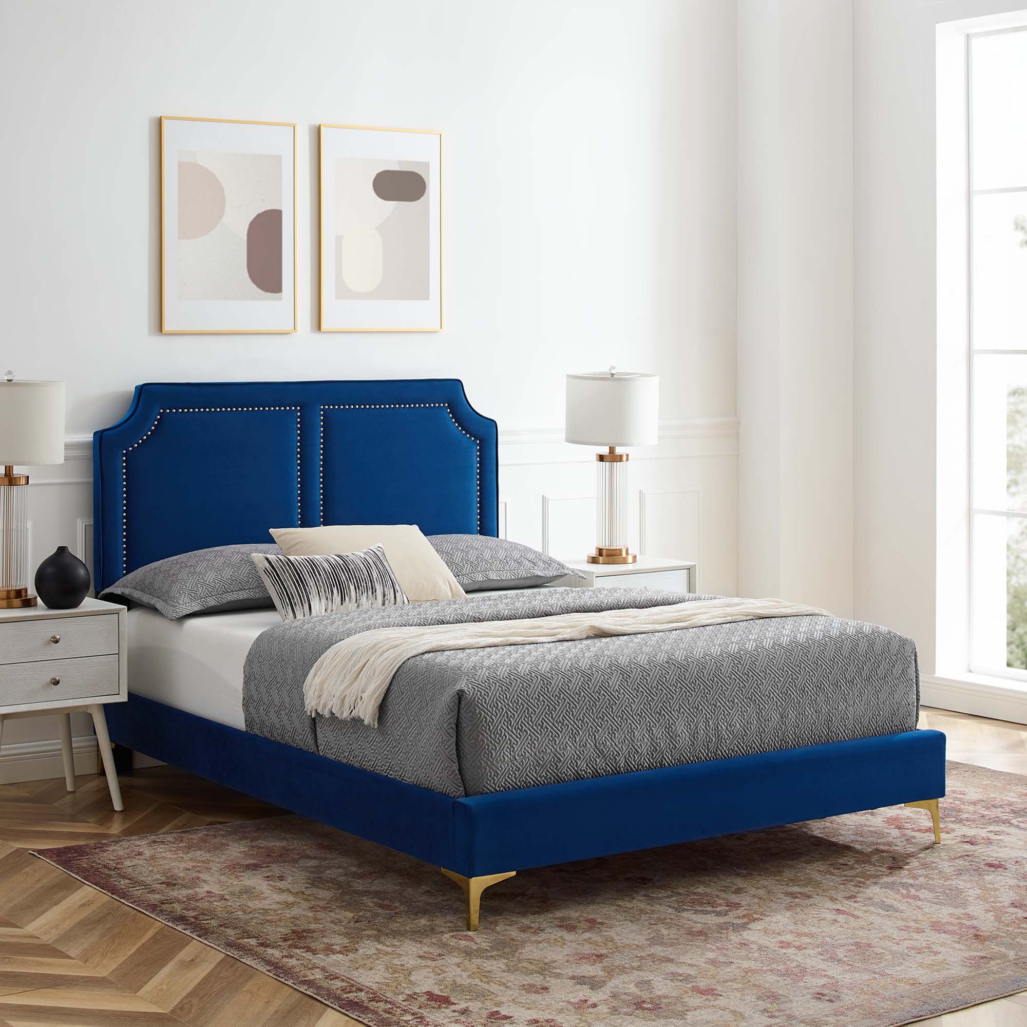 Novi Performance Velvet Bed With Gold Metal Legs by Modway