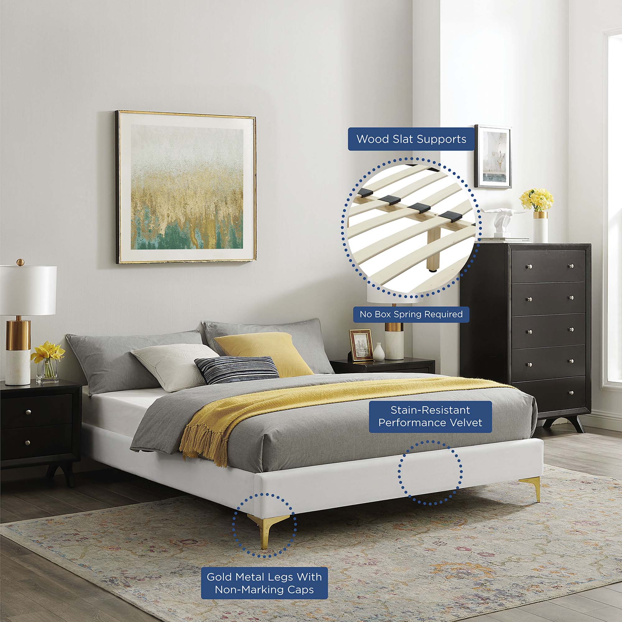 Novi Performance Velvet Bed With Gold Metal Legs by Modway
