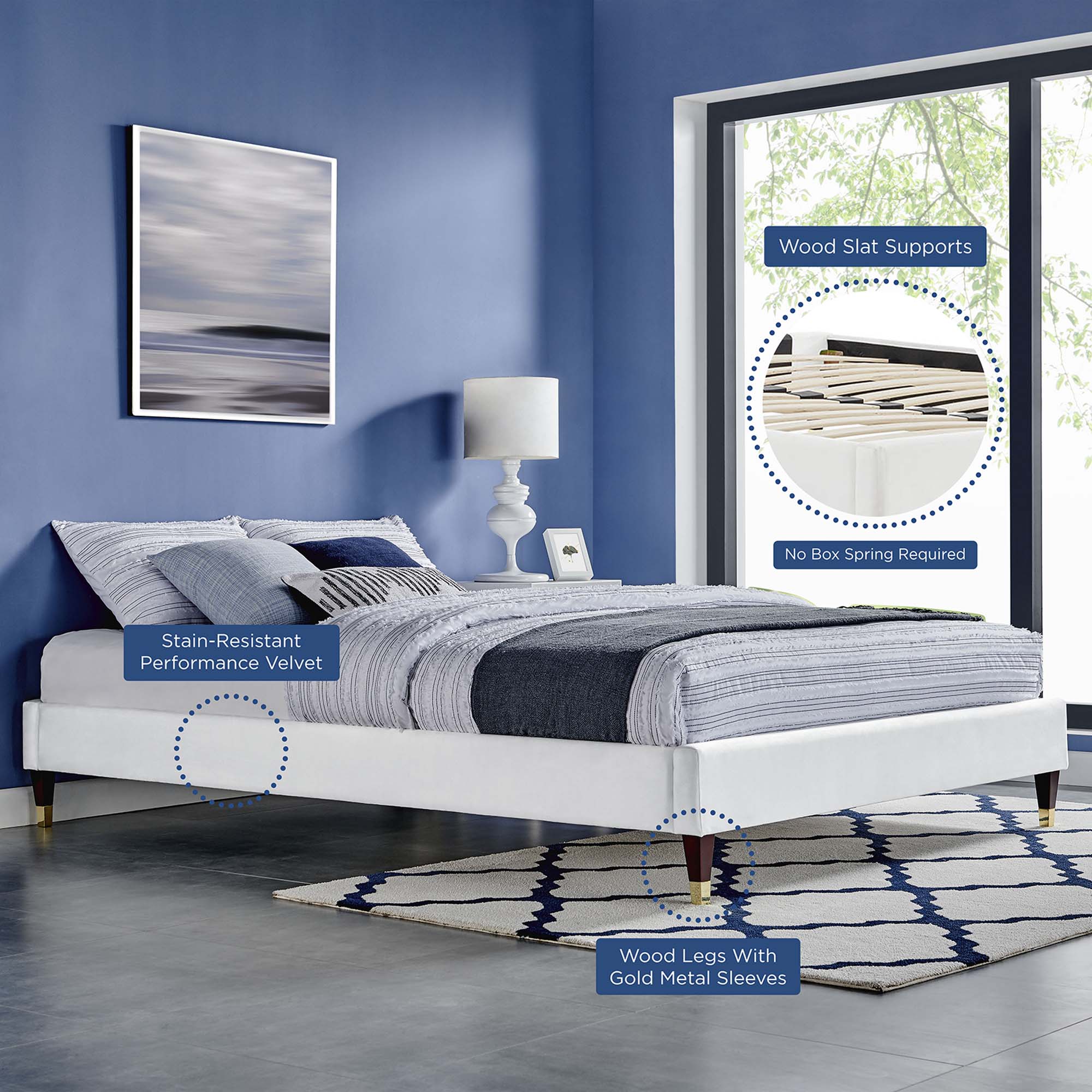 Liva Performance Velvet Bed With Wood and Gold Legs by Modway
