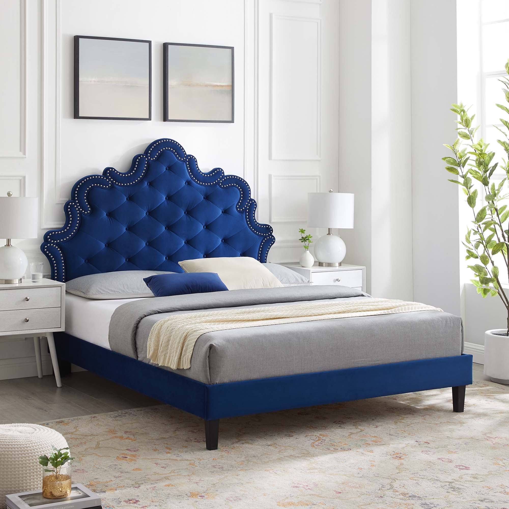 Sasha Button-Tufted Performance Velvet Bed With Black Wood Legs by Modway
