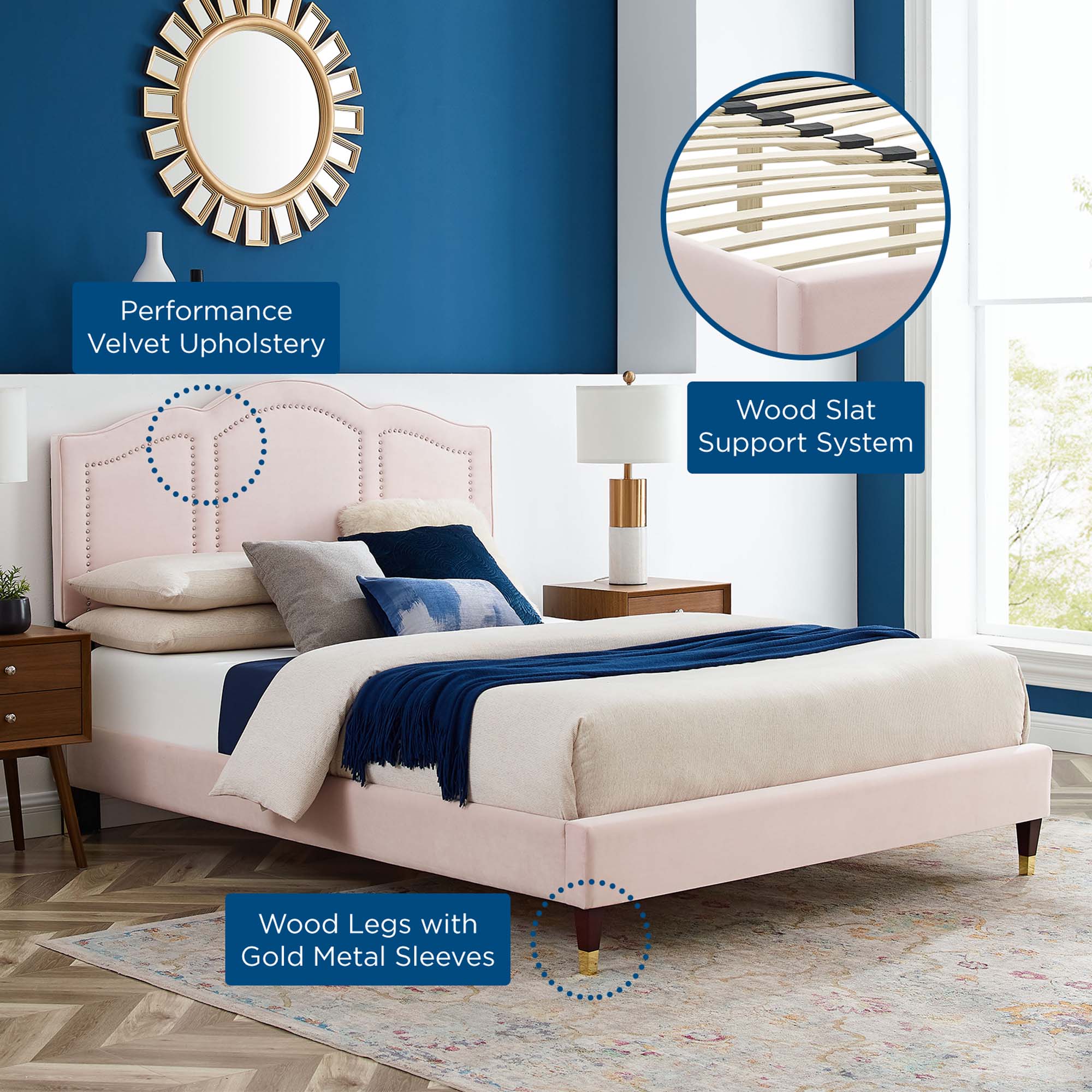 Emerson Performance Velvet Platform Bed With Black Wood Legs by Modway