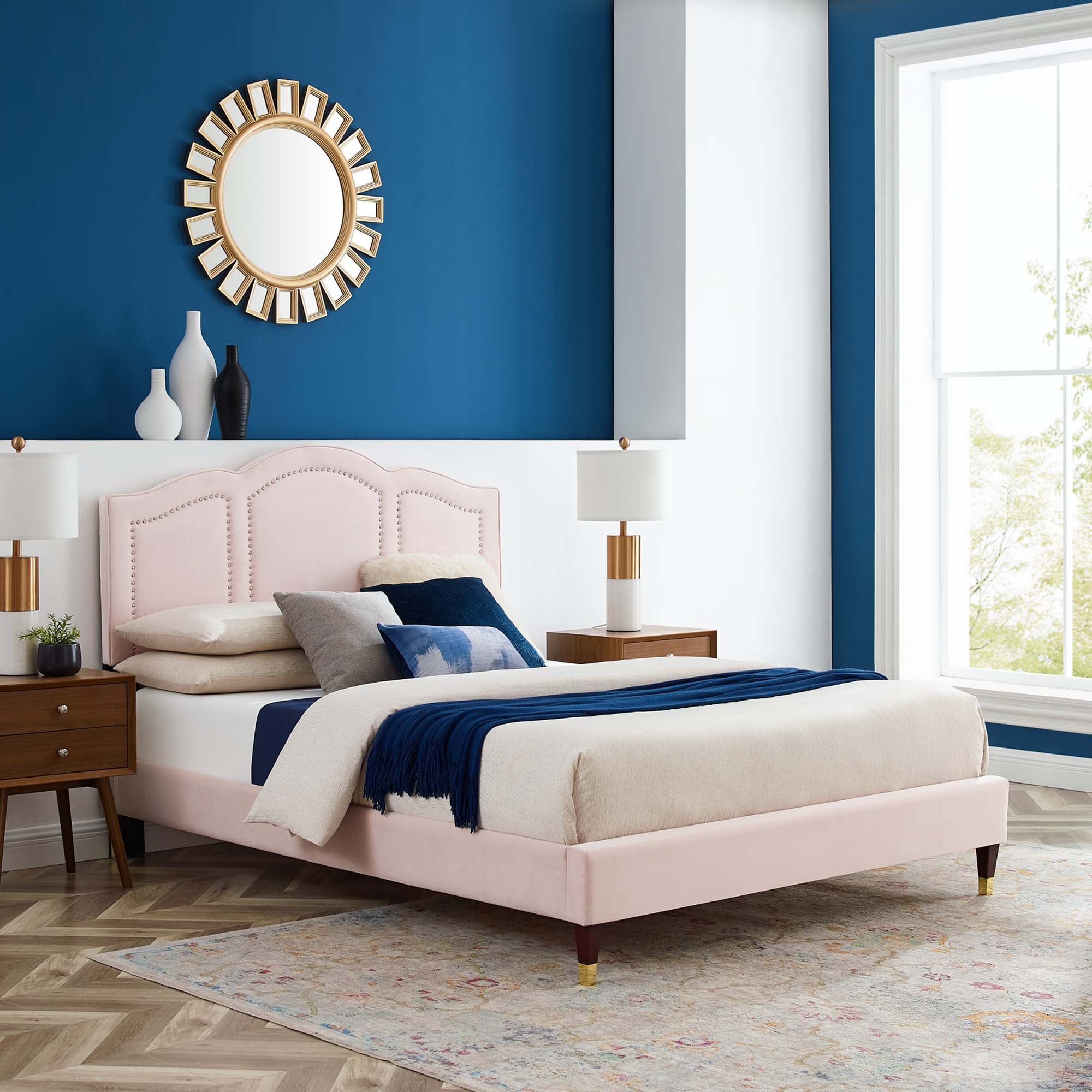 Emerson Performance Velvet Platform Bed With Black Wood Legs by Modway