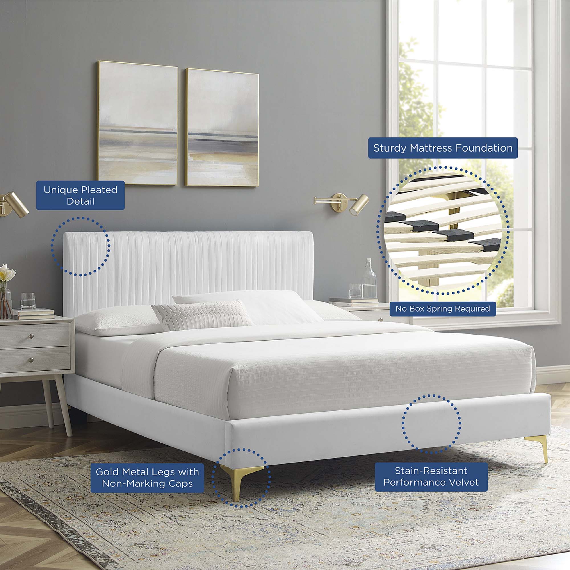 Peyton Performance Velvet Platform Bed With Gold Metal Legs by Modway